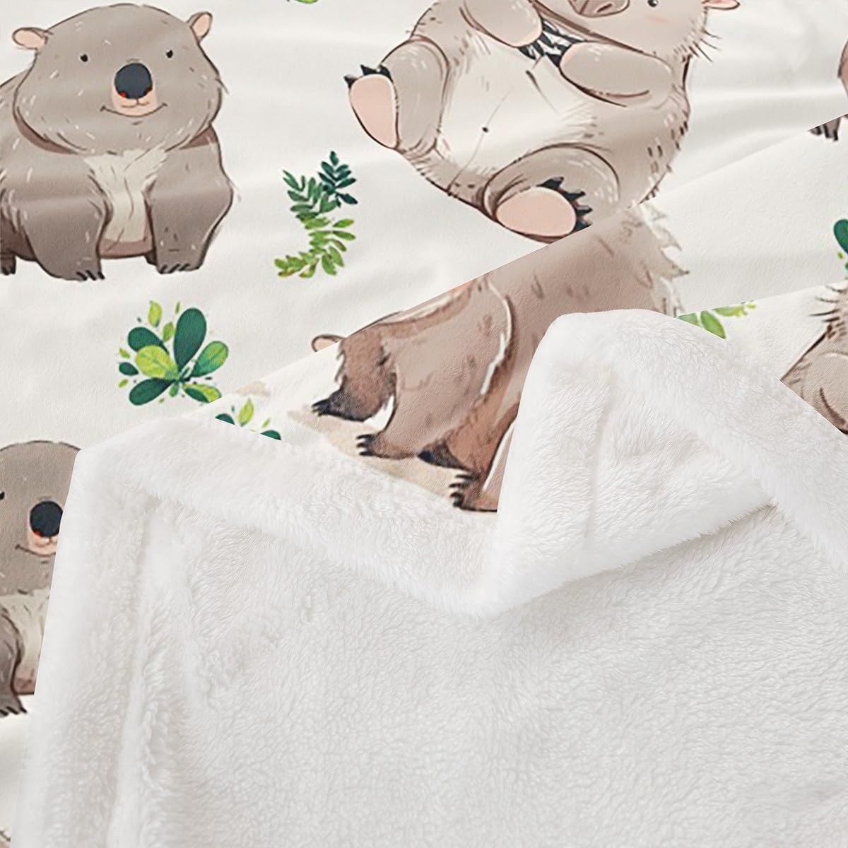 Cartoon Wombats Throw Blanket Throw 50x60 Watercolor Botanical Green Leaves Jungle Style Bed Blanket for Kids Boys Girls Teens Gray Cute Wild Animals Fleece Blanket for Living Room