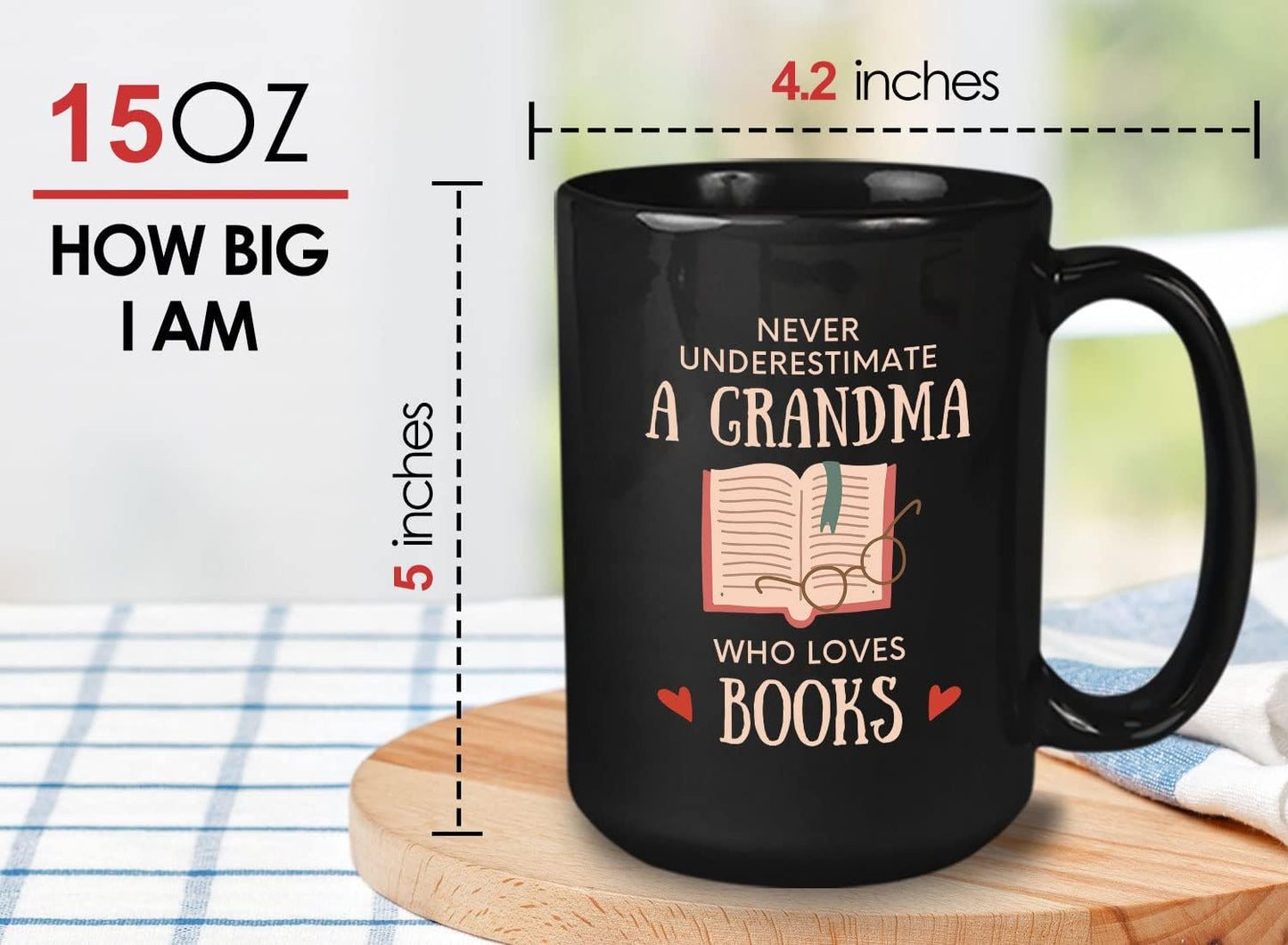 Bubble Hugs Book Lover Coffee Mug 15oz Black - Never Underestimate Grandma - Reading Reader Old Lady Book Lover Bookish Novelist Librarian Writer