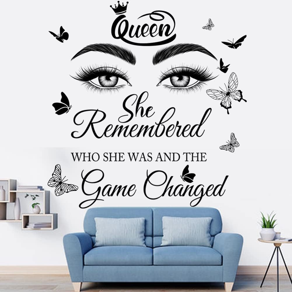 Inspirational Quotes Wall Decals Eyelash Eyes Wall Stickers Positive Lettering Saying Queen She Remembered Who She Was and the Game Changed Wall Art Sticker for Women Girls Bedroom Living Room Decor