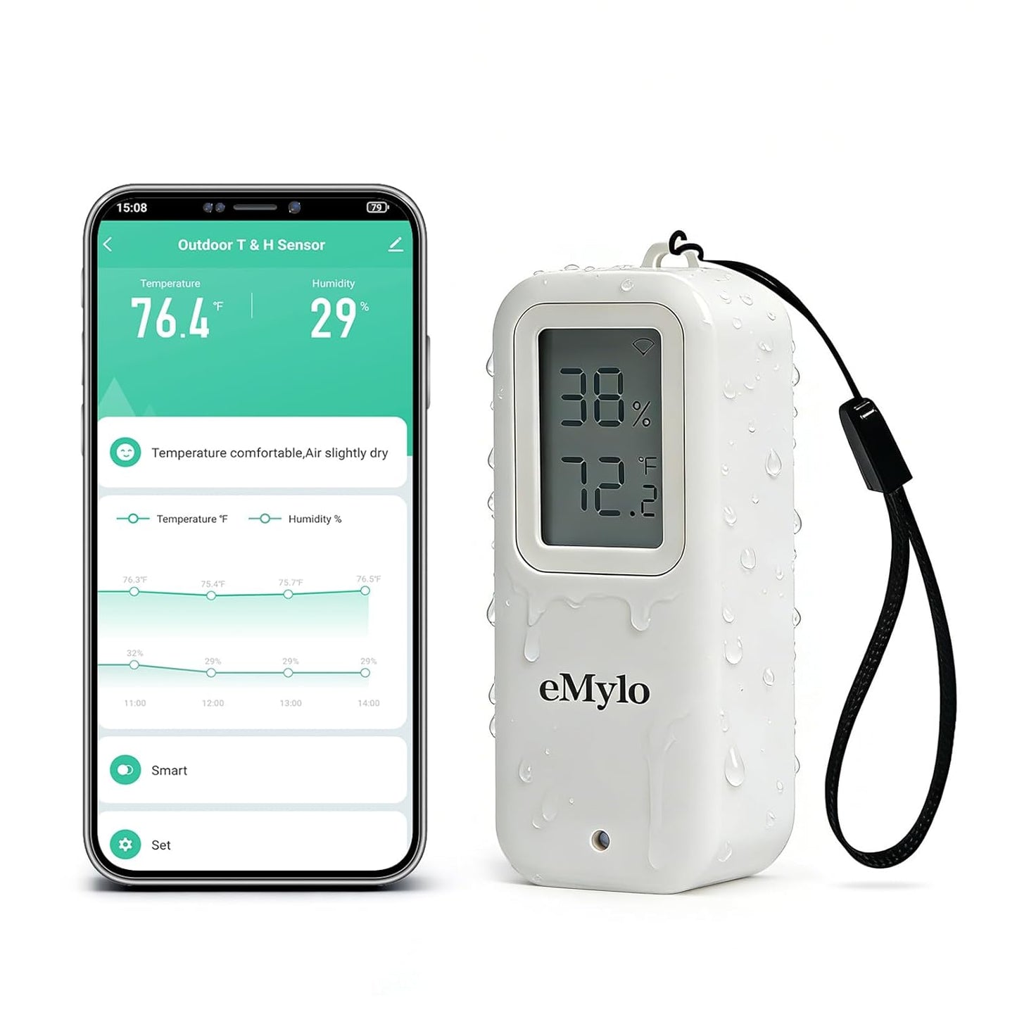 eMylo WiFi Thermometer Hygrometer, Smart Indoor Humidity Monitor for Room, IP65 Waterproof Digital Temperature Sensor with App Notification, Free Data Storage Export, Compatible with Alexa/Google Home