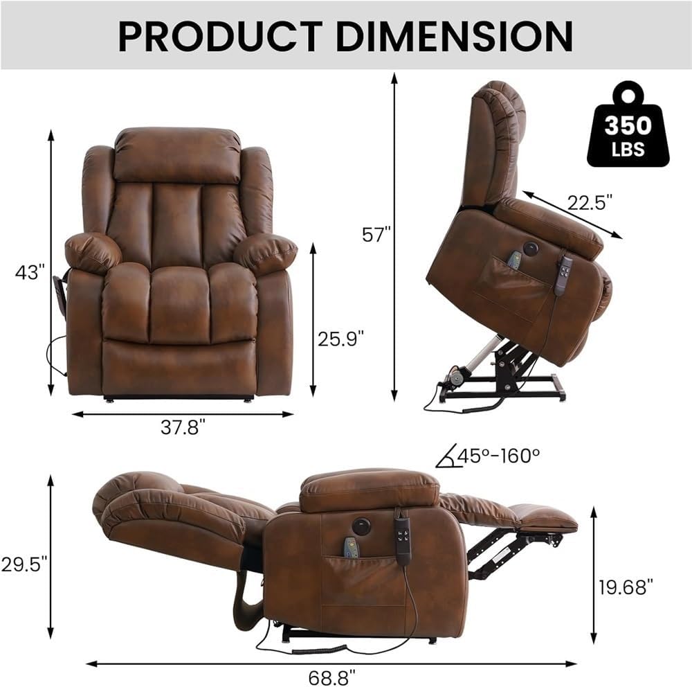 Dual Motor Power Lift Recliner Chair for Elderly with Heat and Massage Lay Flat Sleeping Recliner Infinite Position Breathable Leather Remote Control USB Port Adjustable Headrest