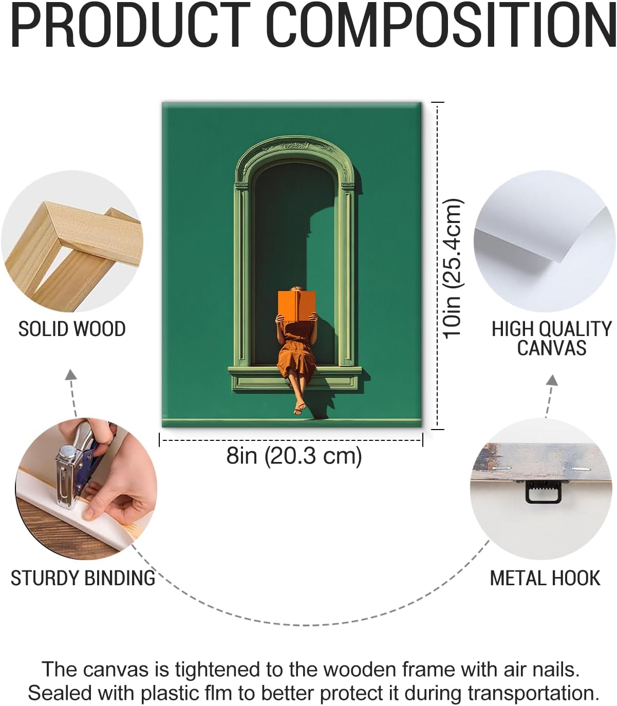 Green Reading Woman Wall Art Print - Bookish Woman in Window Canvas Poster Painting - Book Lover Gifts Wall Decor for Home Reading Nook 8x10 Inch Framed