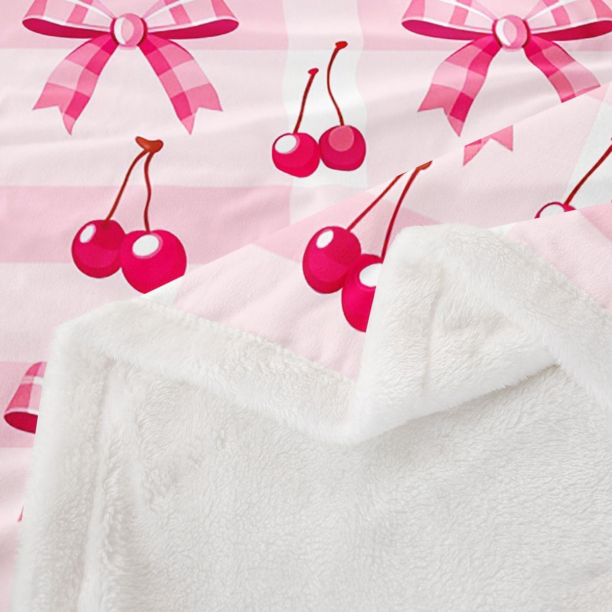 Feelyou Cute Bowknot Sherpa Throw Blanket for Couch Pink Plaid Super Cozy Fleece Red Cherry Blanket for Winter, Plush Throw Kawaii Bow Baby 30"x40" All Season