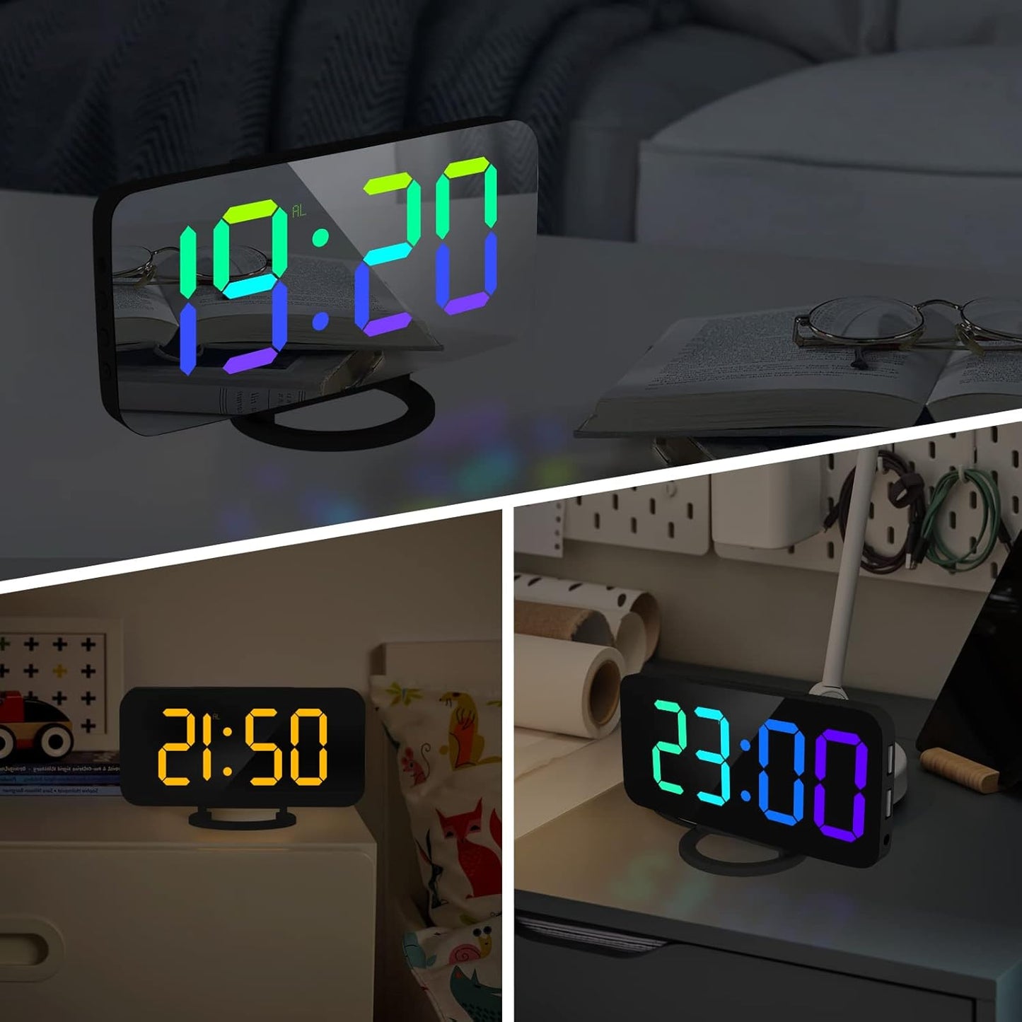 WulaWindy RGB Digital Clock - LED Alarm Clocks Large Display Mirror Surface with Dual USB Ports for Modern Decorations Aesthetic Home Bedroom Living Room Office and Wall Decor - Black
