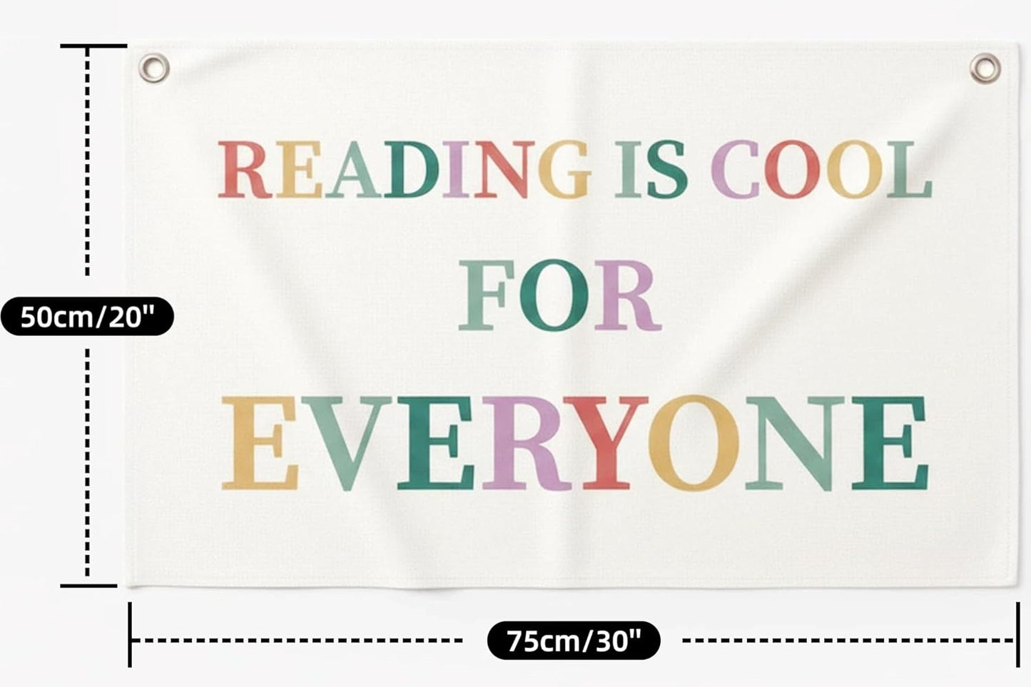 Canvas Wall Hanging Banner Decor (30"L x 20"W), "READING IS COOL FOR EVERYONE" Inspirational Fabric Sign, Boho Minimalist Wall Art with Metal Grommets for Library, Classroom, Studio & Home Office