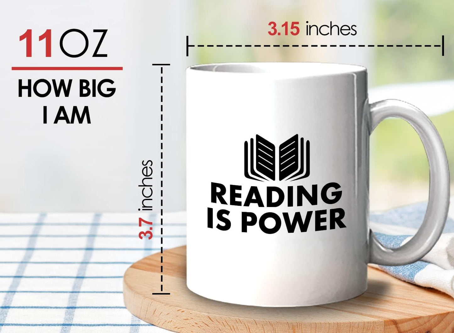 Book Lover Coffee Mug 11oz White - Reading is power - Literary librarian Literature Bookworm Historian Public Library Curator Bibliophile Bibliolater