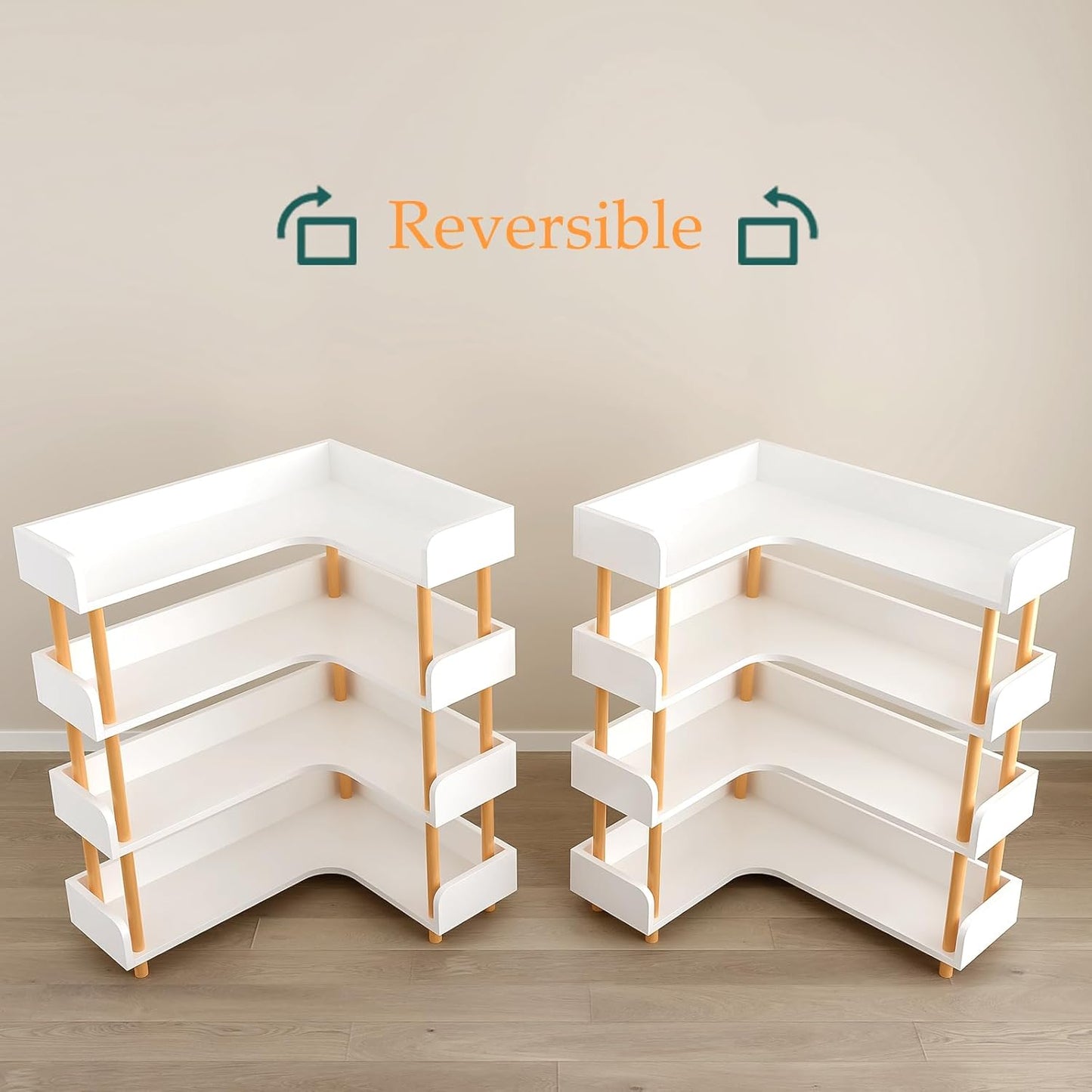 Wooden Reversible Corner Bookshelf - Modern 4 Tiers L-Shaped Bookcase with Solid Wood Frame and Edge Protection for Home and Office, Open Storage Shelf, White