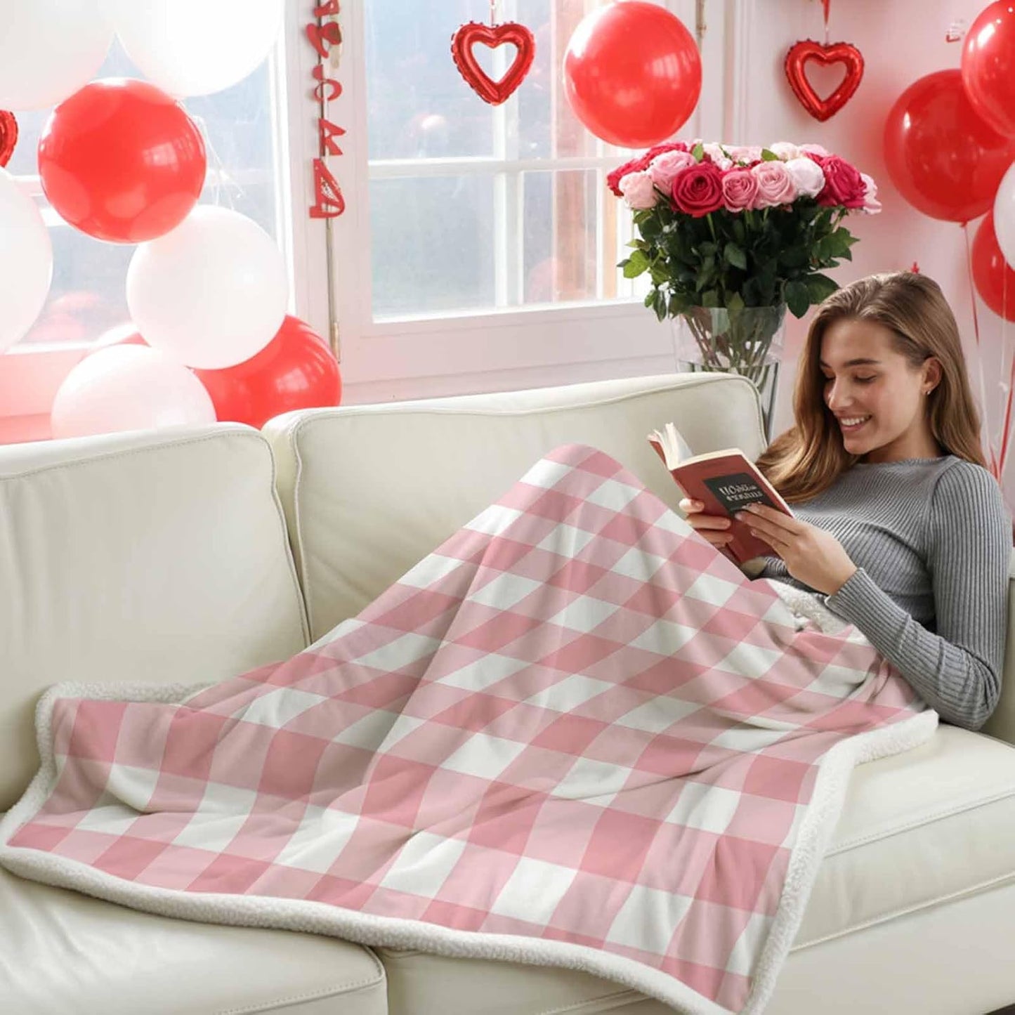 Valentine's Day Sherpa Throw Blankets Romantic Love Flannel Fleece Blanket Pink Buffalo Check Plaid Soft Cozy Warm Reversible Fluffy Plush Blankets and Throws for Couch Bed Sofa All Season 40x50