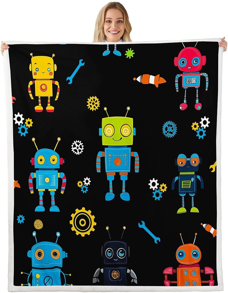 Cute Robot Kids Throw Blanket,Modern Watercolor Intelligent Machine Bed Blanket for Boys Girls,Cartoon Equipments Tools Fleece Blanket,Black Fuzzy Blanket,40 x 50 Inches