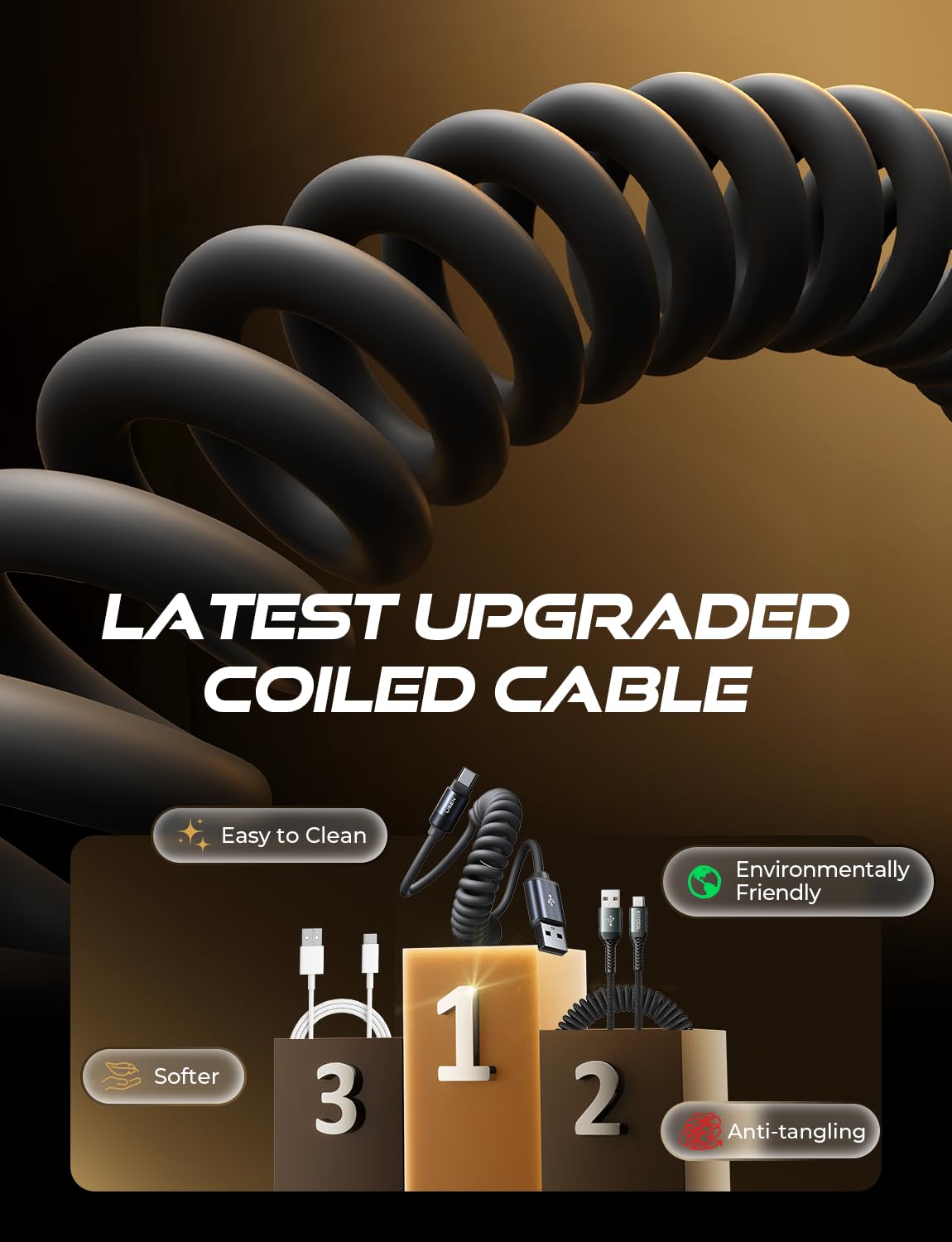 LISEN Coiled USB C Cable, 2 Pack for Android Auto & CarPlay Cable, Short USB A to USB C Cable C Gifts for Men Women ompatible with iPhone 17/16/15, Samsung Galaxy S25/S24/S23 A15/A14, Space Black 4FT