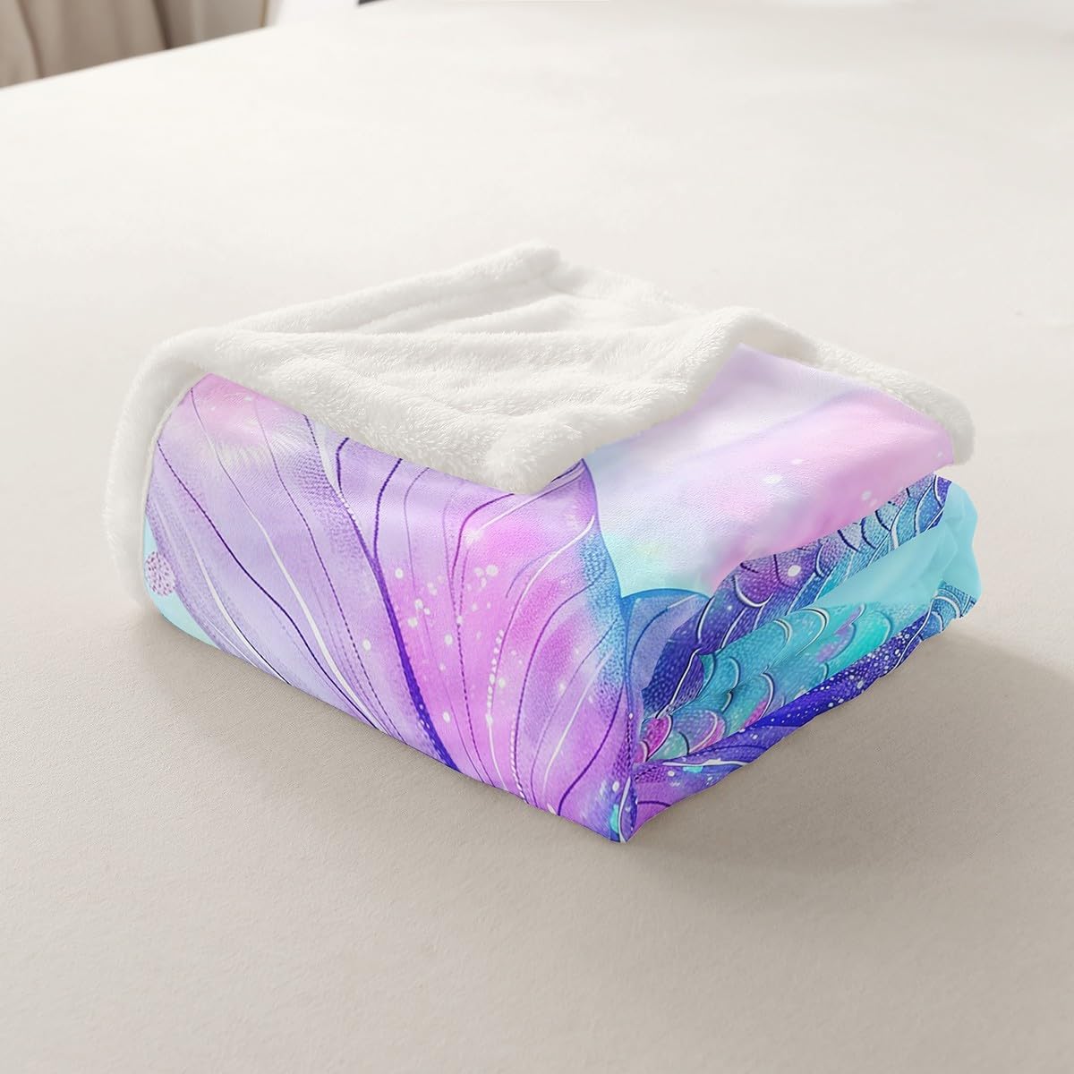 Mermaid Tail Bed Blanket,Blue Purple Mermaid Scale Paint Flannel Blanket for Room Decor,Fantasy Fairy Tale Tie Dye Princess Style Fleece Blanket for Kids,Super Soft Blanket,Throw 50"x60"