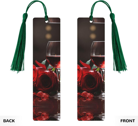 Red Rose Wine Glass and Candle Wooden Bookmarks for Book Lovers, Handmade DIY Book Mark with Colorful Tassels Double-Sided Printed Page Markers Artistic Book Accessories Gift for Women Men