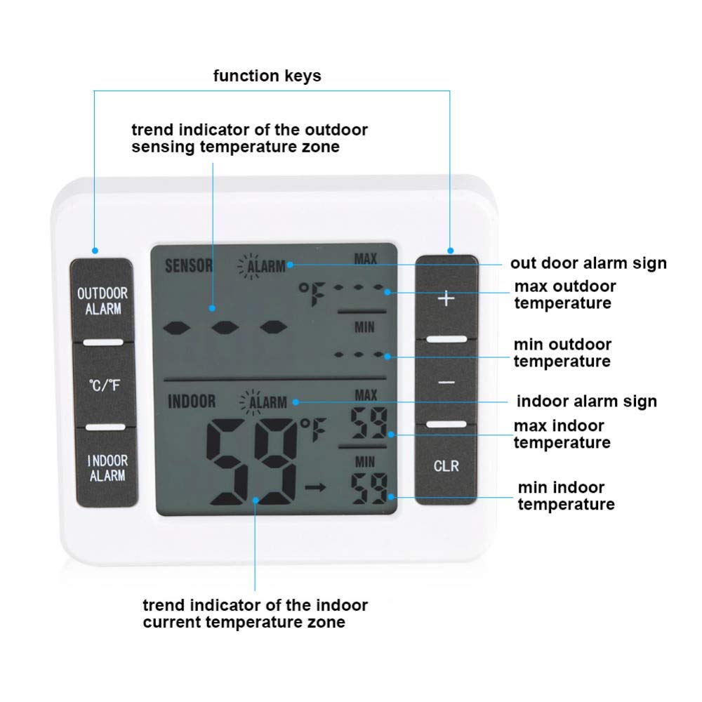 Digital Freezer Thermometer Household Indoor/Outdoor Temperature Sensor with Audible Alarm Refrigerator Thermo Meter