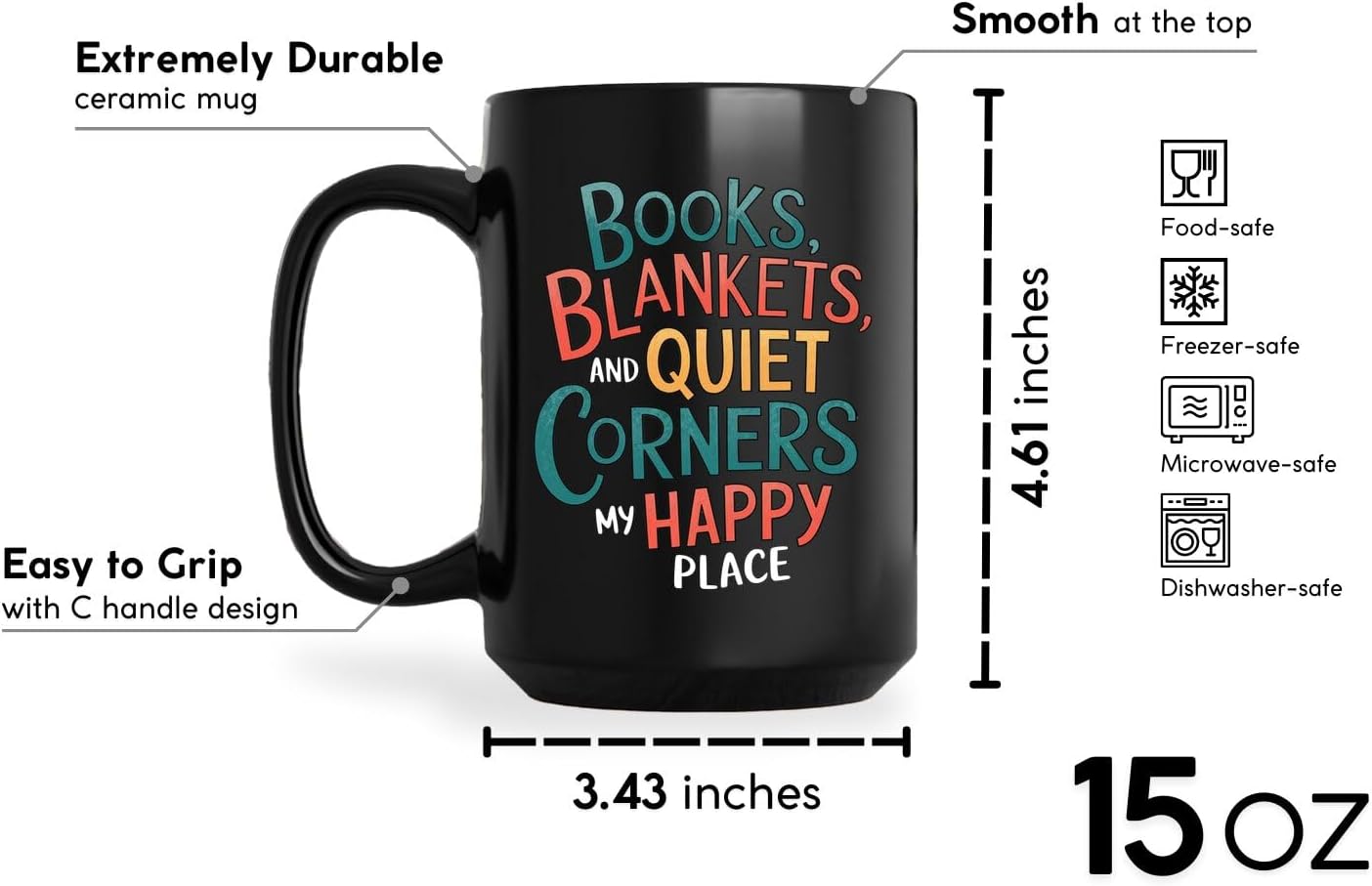 Book Lovers Coffee Mug 15oz Black -Blankets Corners - Gift for Book Club Bookworm Bookish Reading Nerdy Avid Readers Women