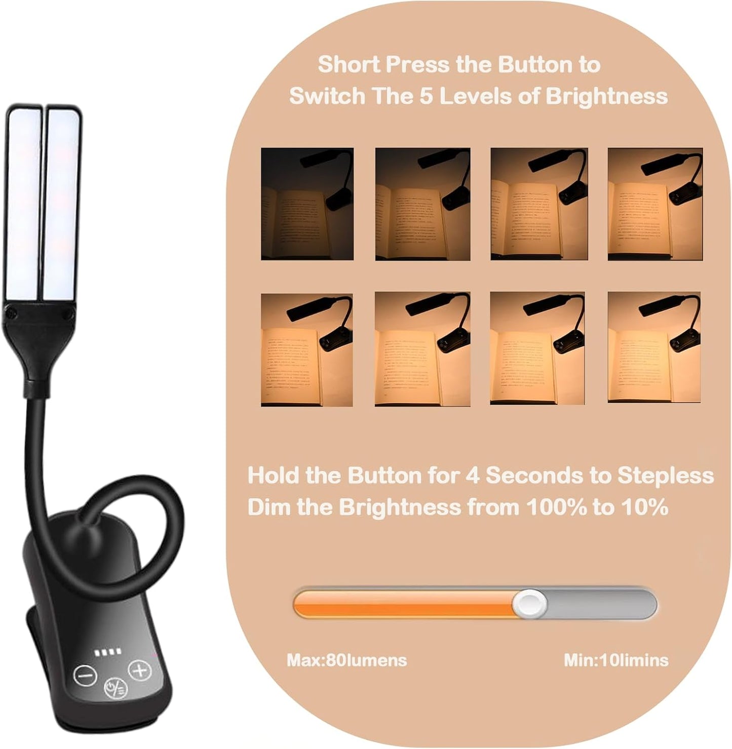 14 LED Rechargeable Book Light for Reading in Bed with Foldable Double Headed- Eye Caring 3 Color Temperatures,Stepless Dimming Brightness,80 Hrs Runtime Lightweight Clip on Light for Book Lovers