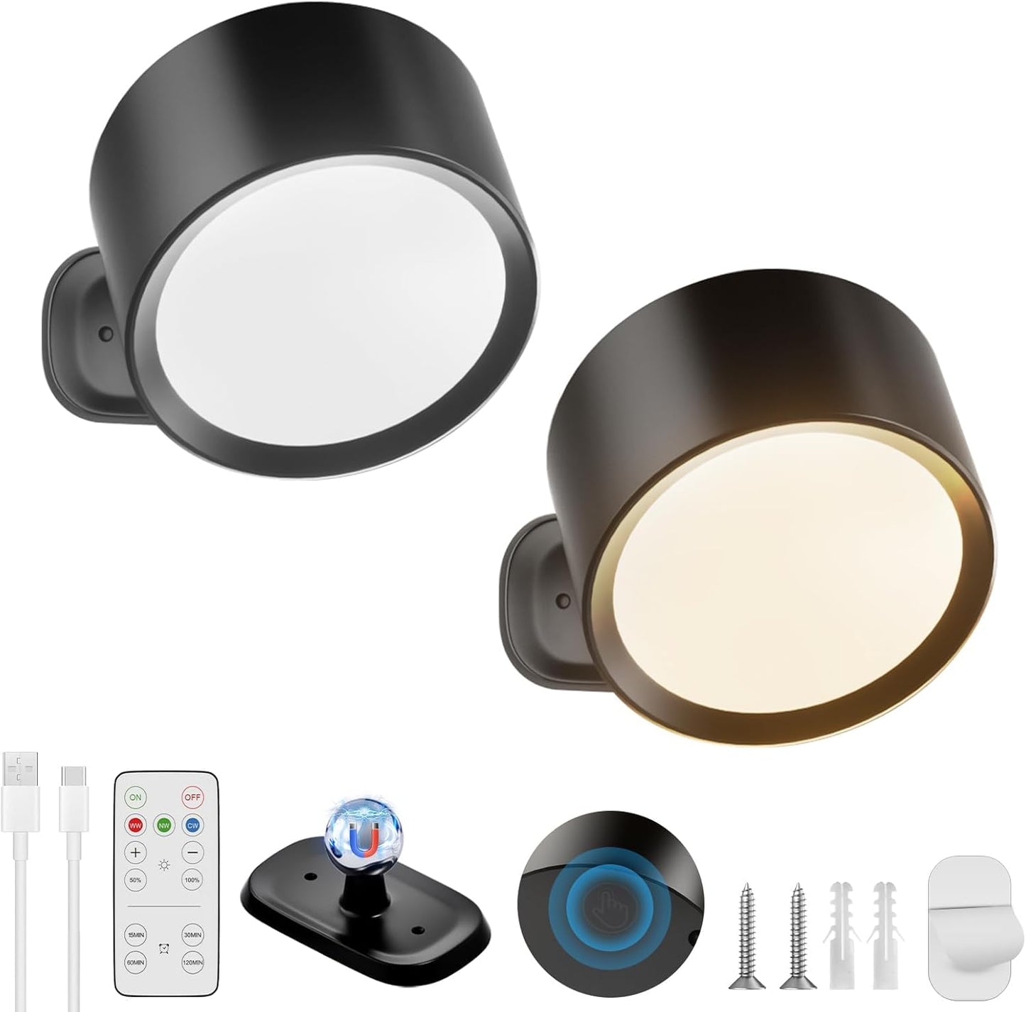 Rechargeable Wall Lights, Battery Operated Wall Light, 3 Color&10 Dimmable LED Wall Mounted Sconce Light Set of 2, Magnetic 360° Rotation Wireless Wall Lamps with Remote for Bedroom, Reading, Picture