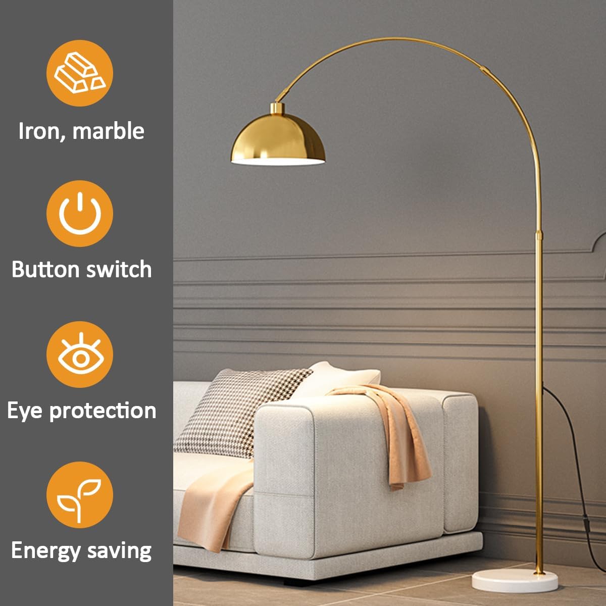 70.9" Arc Floor Lamps for Living Room Gold Floor Lamp Adjustable Height Standing Lamp with Metal Hanging Dome Shade Over Couch Arched Reading Light for Dining Room Classroom