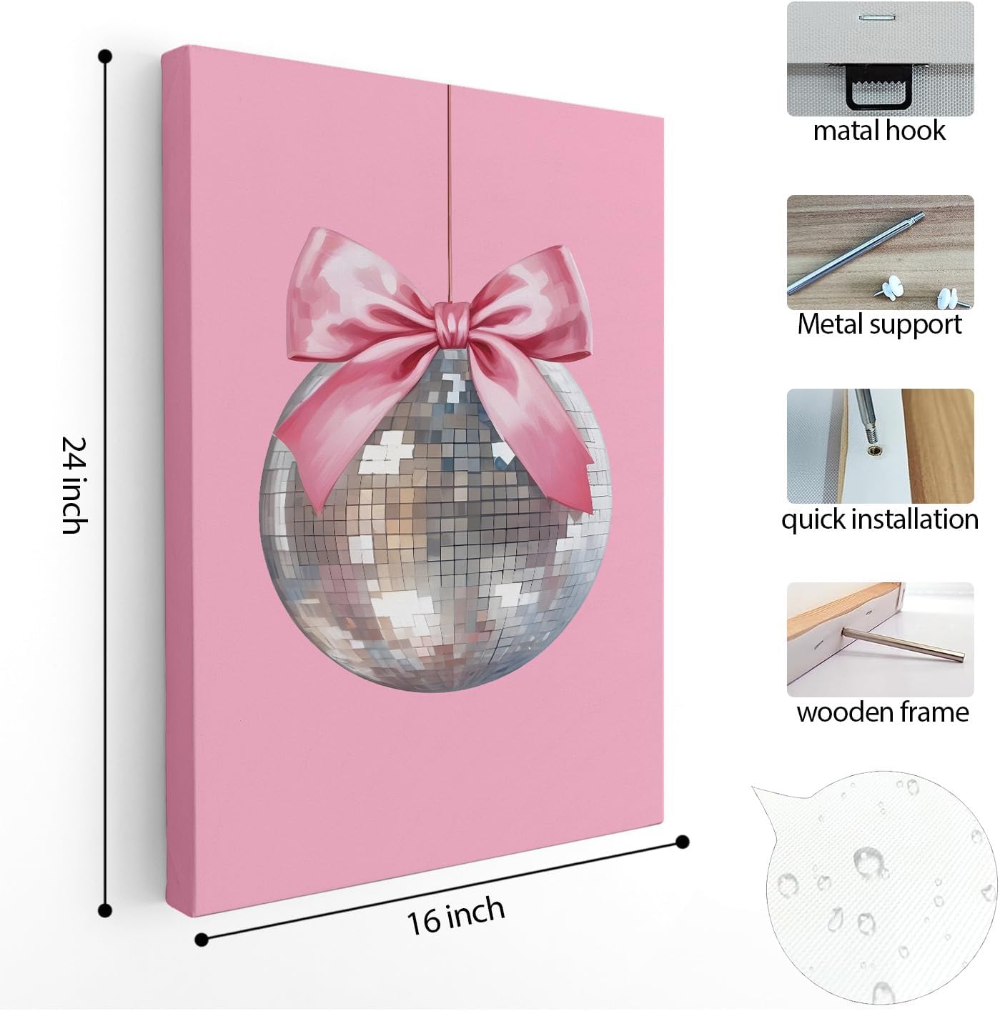 APJYM Pink Coquette Room Decor, Funky Y2K Disco Ball Preppy Wall Art, Preppy Room Decor, Trendy Retro Pink Aesthetic Posters Wall Decor for Teen Girls Bedroom Dorm Apartment Decor, 16x24 Inches Framed