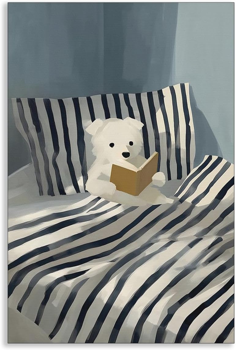 Greyhound Reading Book In Bed Canvas Wall Art, Cosy Bedroom Animal Poster for Kids Baby Room, Cute Dog Reading Blue Striped Picture, Bookish Gift Print for Book Lover 12x16in Unframed