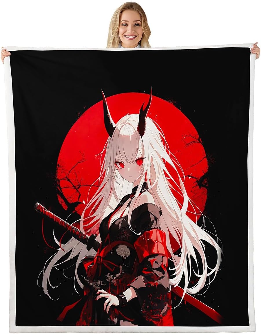 Erosebridal Throw Size Japanese Anime Throw Blanket for Kids, Anime Girl Decor Kawaii Japanese Fleece Sherpa Blanket Cartoon Japan Animation Bed Set for Boys Teen Adult Women Bedroom,Red Black