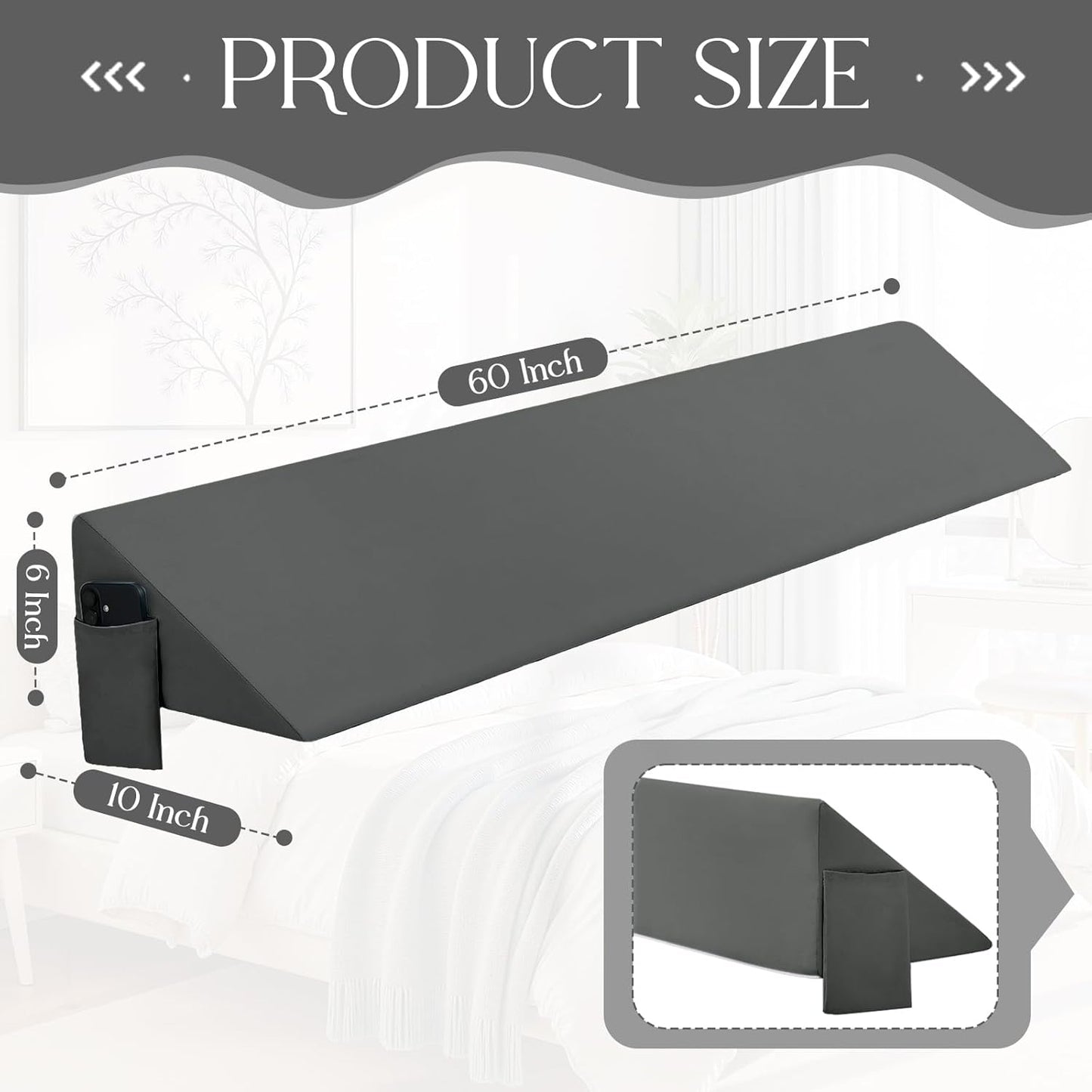 INVGEEXI Dark Grey Queen Size Bed Wedge Pillow Cover with Side Pocket, Soft & Breathable Microfiber Headboard Wedge Pillow Case Cover for Headboard Gap, 60" L x 10" W x 6" H (Pillow Not Include)