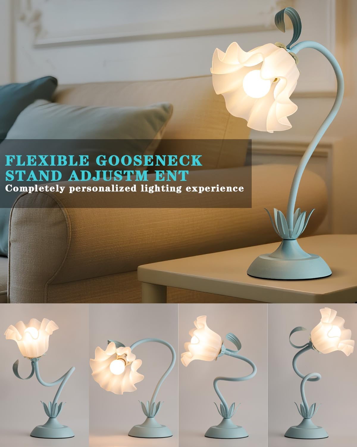 Flower Table Lamp, LED Reading Light Vintage Bedside Table Lamp with 3 Color Modes for Nightstand, Kawaii Decoration for Home Bedroom Living Room (Blue)