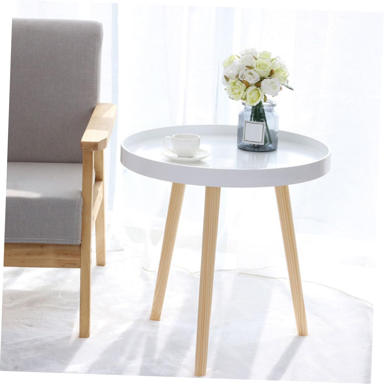 PRETYZOOM Modern Mini Round Sofa Side Table, Small White Scandinavian Tea Table for Living Room and Bedroom Corner Use