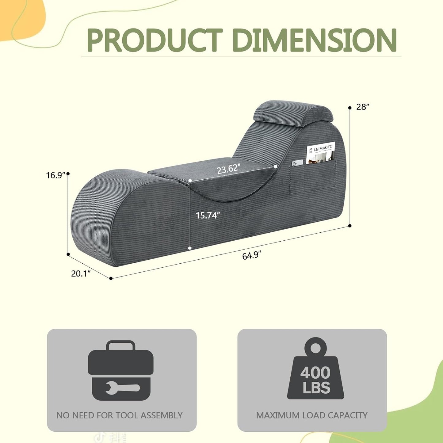 Yoga Chair Lounge for Adult, Ergonomic Chaise Lounge Chair with Side Pocket, Headrest, Waist Pad, Perfect for Stretching, Massage, and Relaxation, Used in Living Room, Bedroom（Dark Gray）