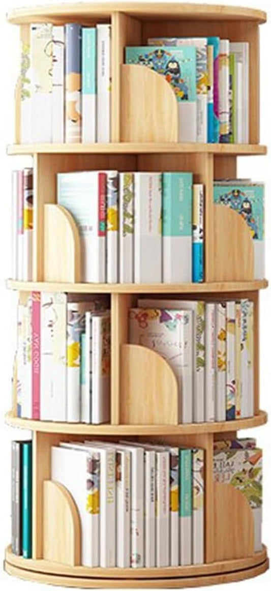 YVYKFZD 360° Rotating Bookshelf, 4/5 Tier Bookcase, Circular Display Storage Rack, Floor Standing Book Shelf with Baffle, for Home Living Room Study Office(Wood,4 Tier 49.6x18.1x18.1in)