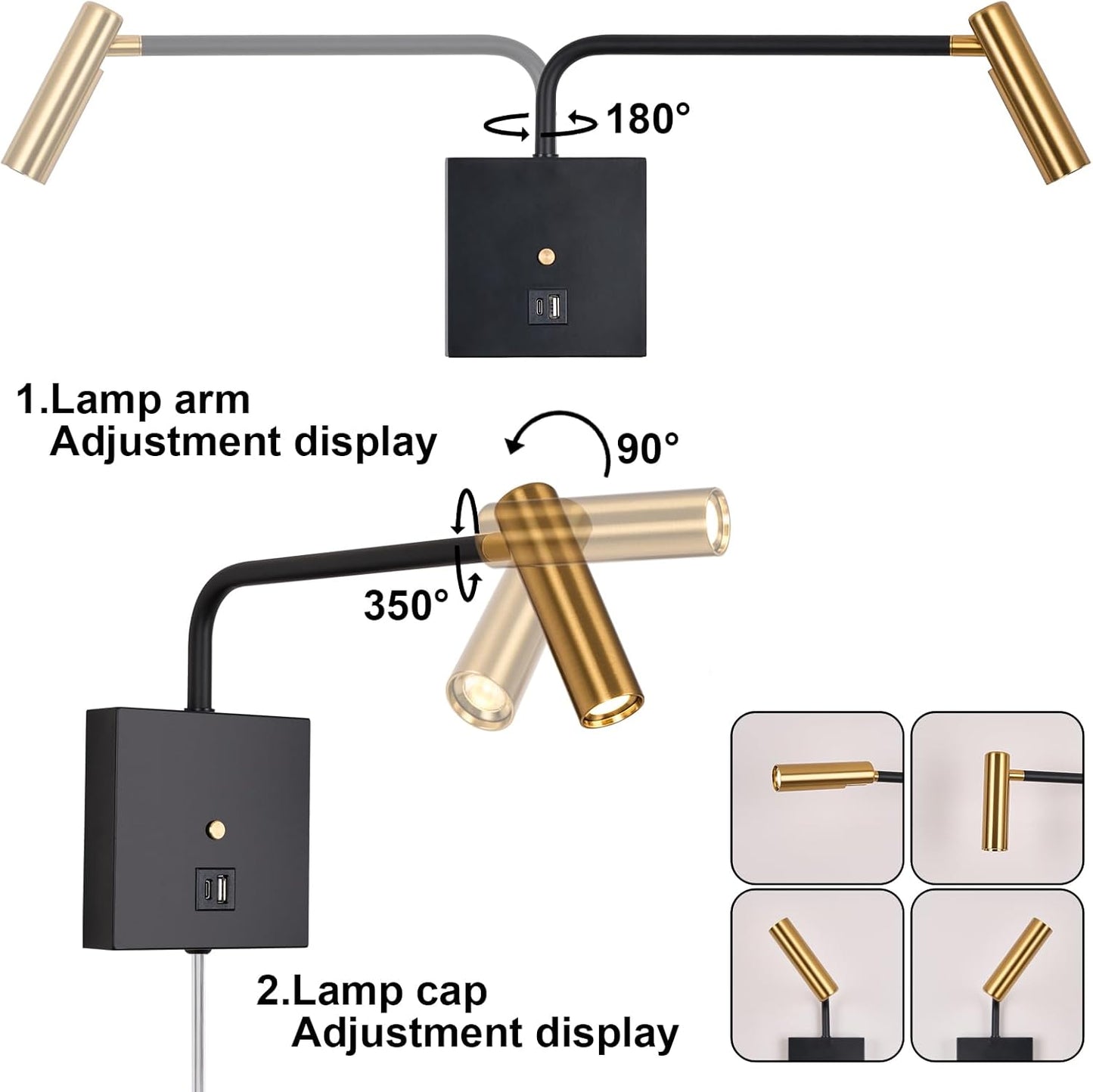 ZEROUNO LED Wall Lamp Wall Mounted Reading Lights, Dimmable Adjustable Headboard Plug in Wall Sconce with USB C+A Ports, Indoor LED Wall Lighting for Bedroom Bedside 3000K (Black)