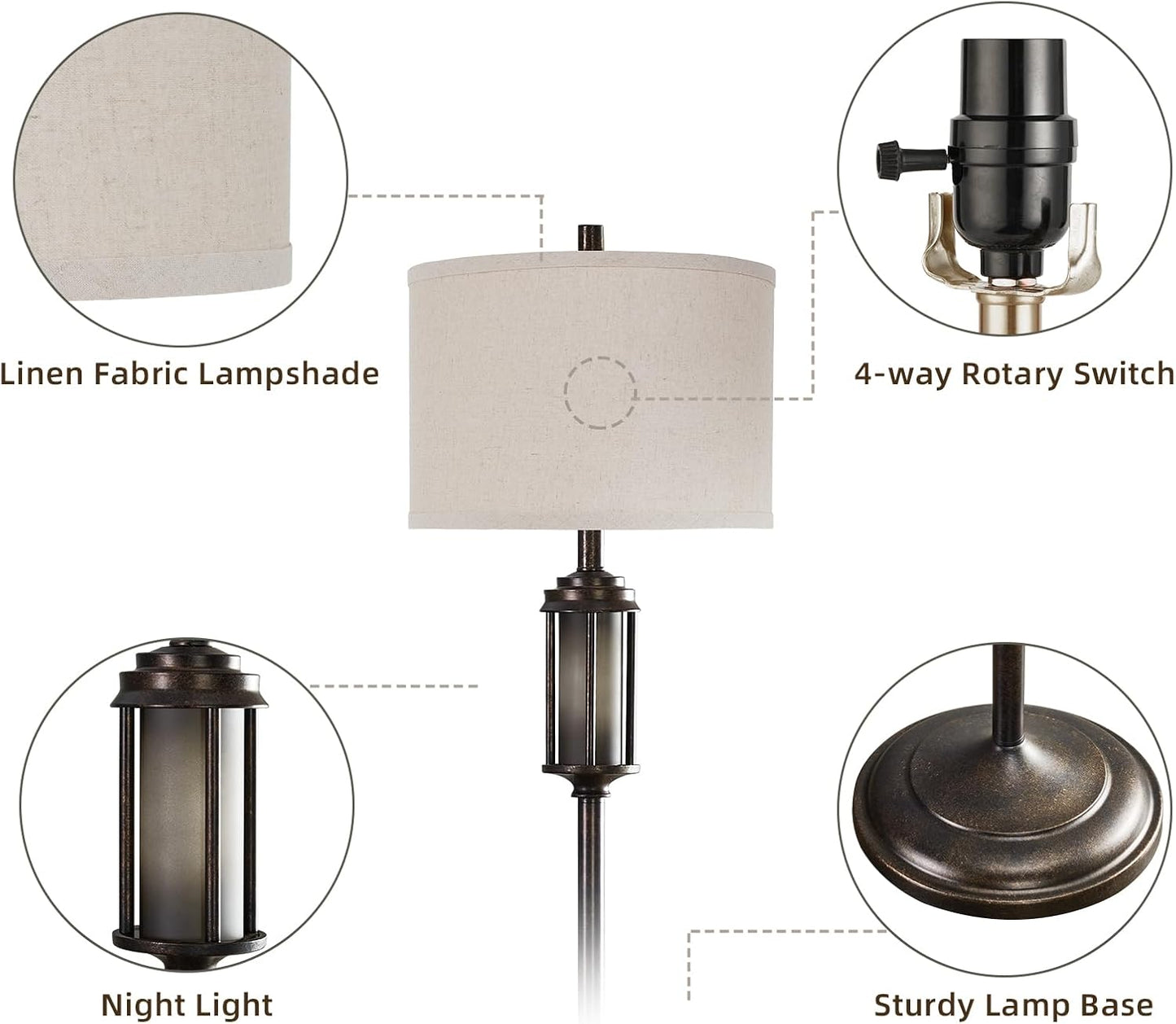 65'' Farmhouse Floor Lamp for Living Room with 2 Light Sources, Vintage Tall Standing Lamp with Frosted Acrylic Nightlight, Rustic Floor Light for Bedroom Office Corner, Bulbs Included