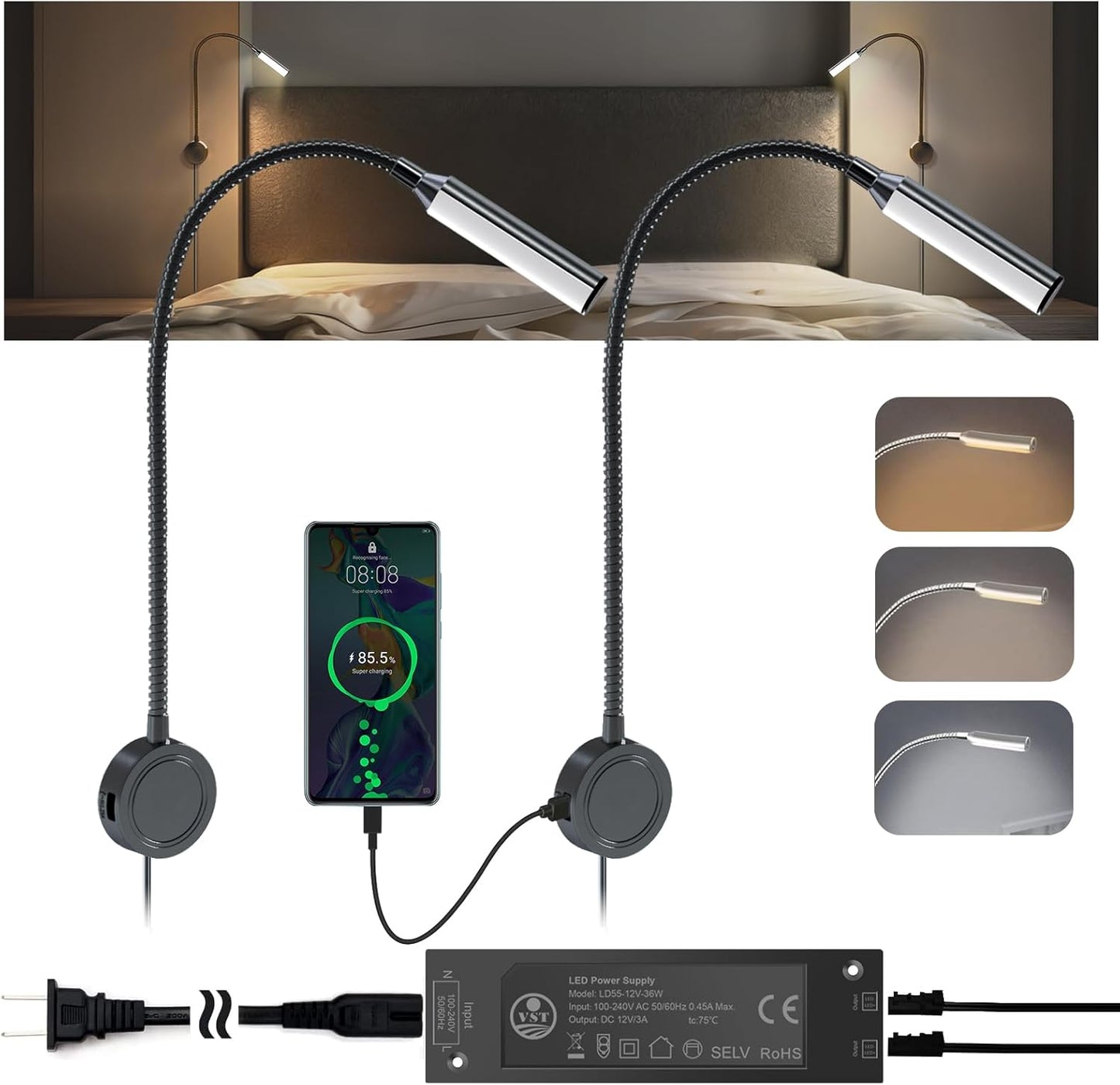 VST Books Lights for Headboard, Bedside Wall Mounted Reading Lamp, Reading Light Touch to Adjust Color Temp (3000K/4000K/6000K) and Brightness, USB/Type-C Charging Ports, 20W Driver, ETL-Listed