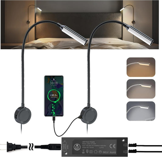 VST Books Lights for Headboard, Bedside Wall Mounted Reading Lamp, Reading Light Touch to Adjust Color Temp (3000K/4000K/6000K) and Brightness, USB/Type-C Charging Ports, 20W Driver, ETL-Listed