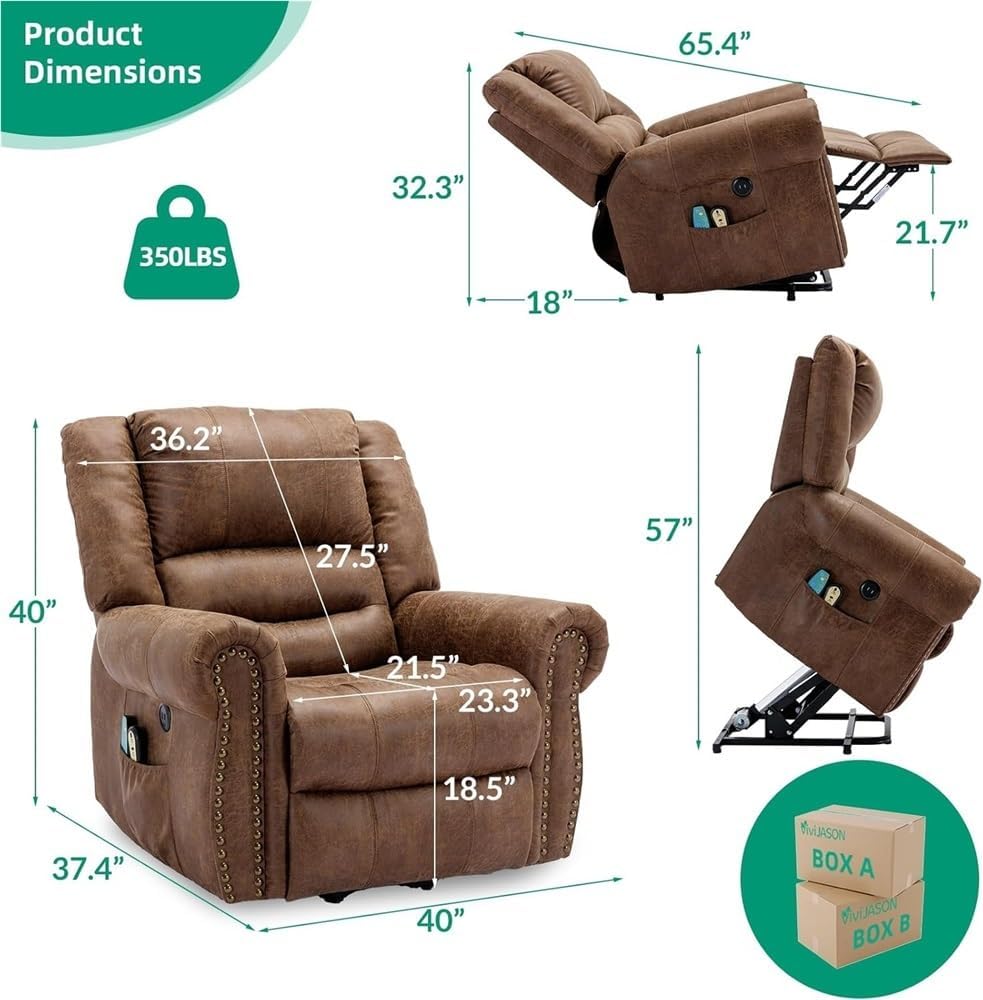 Power Lift Recliner Chair for Elderly, Electric Brown Leather Recliner with Heat and Massage and USB Charging Port, Adjustable Living Room Lounge Chair with Stand Assistance