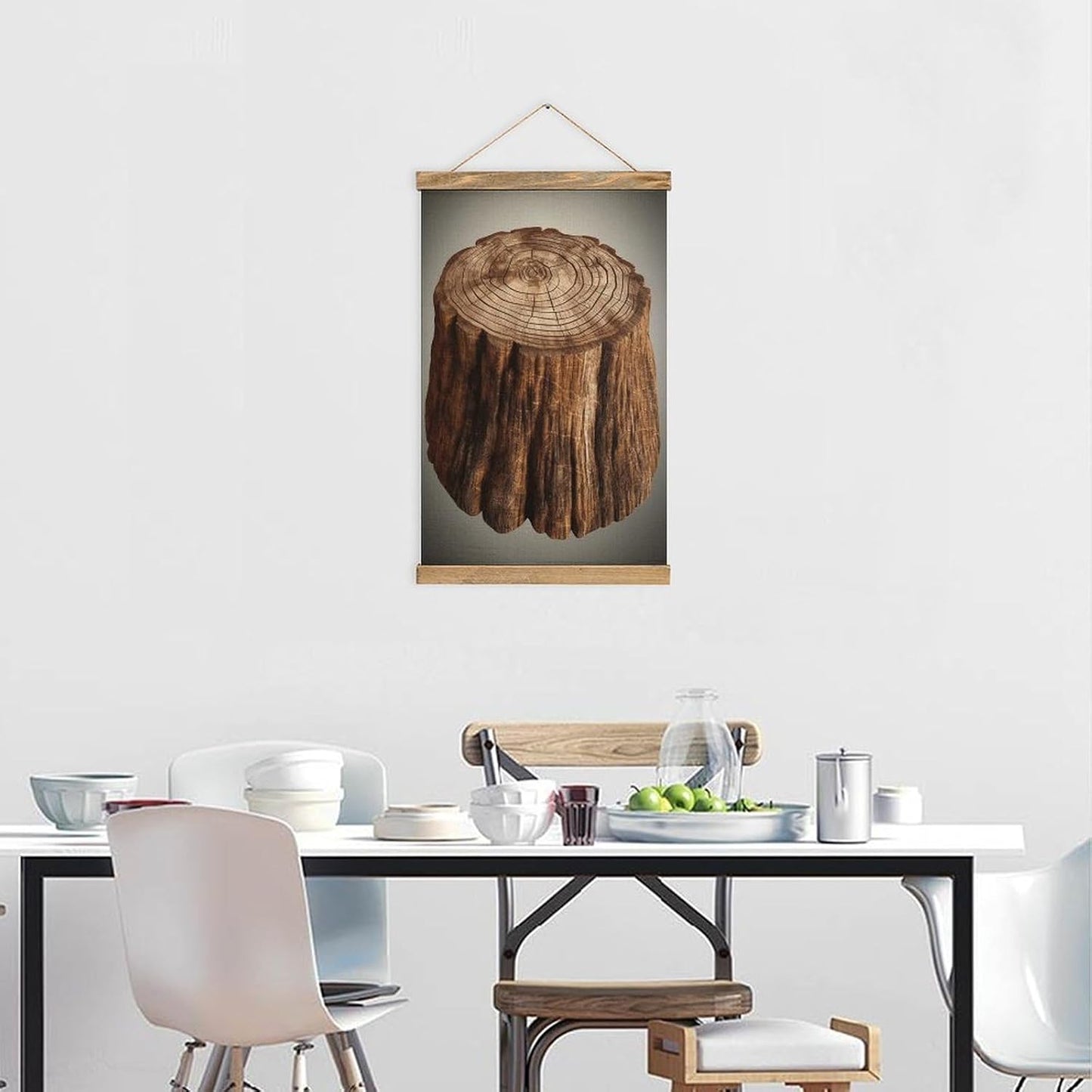 Vintage Stump of Oak Tree Poster with Wooden Frame Personalized Linen Hanging Scroll Painting Rustic Wall Hanging Illustrative Modern Artwork Decor for Home Living Room Bedroom Office