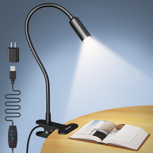 Glocusent Clip on Light: 10 Brightness Levels from 20 to 180LM LED Reading Light with Clamp and Flexible Gooseneck - Eye Caring Book Lights for Reading at Night, Clip on Desk Bed Headboard