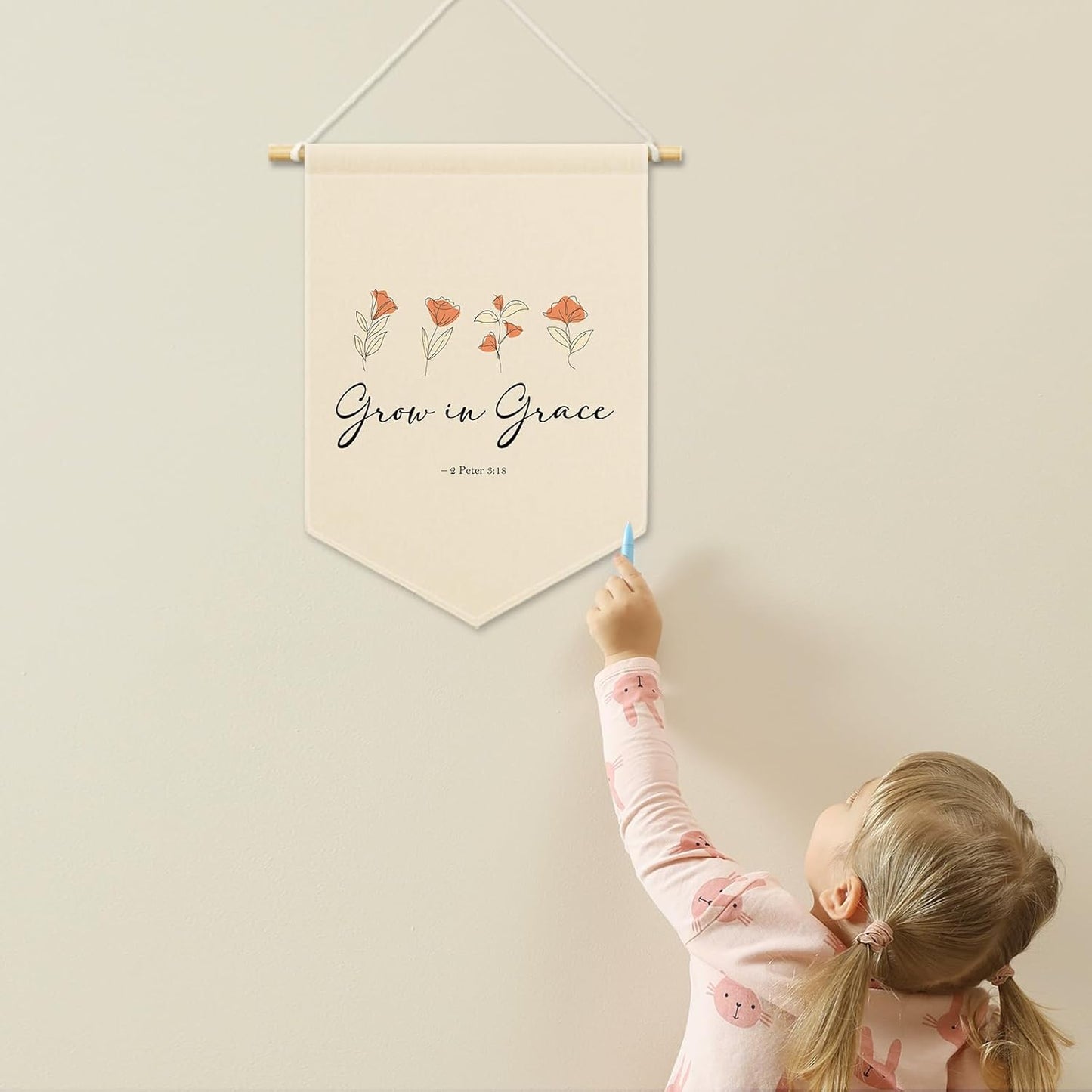 Nursery Christian Floral Banner Canvas, Grow in Grace Baby Kids Room Decor, Beige Pennant Flag Sign Hanging, Inspirational Wall Art Gifts for Toddler Room Baby Shower Playroom Decor 11x15in
