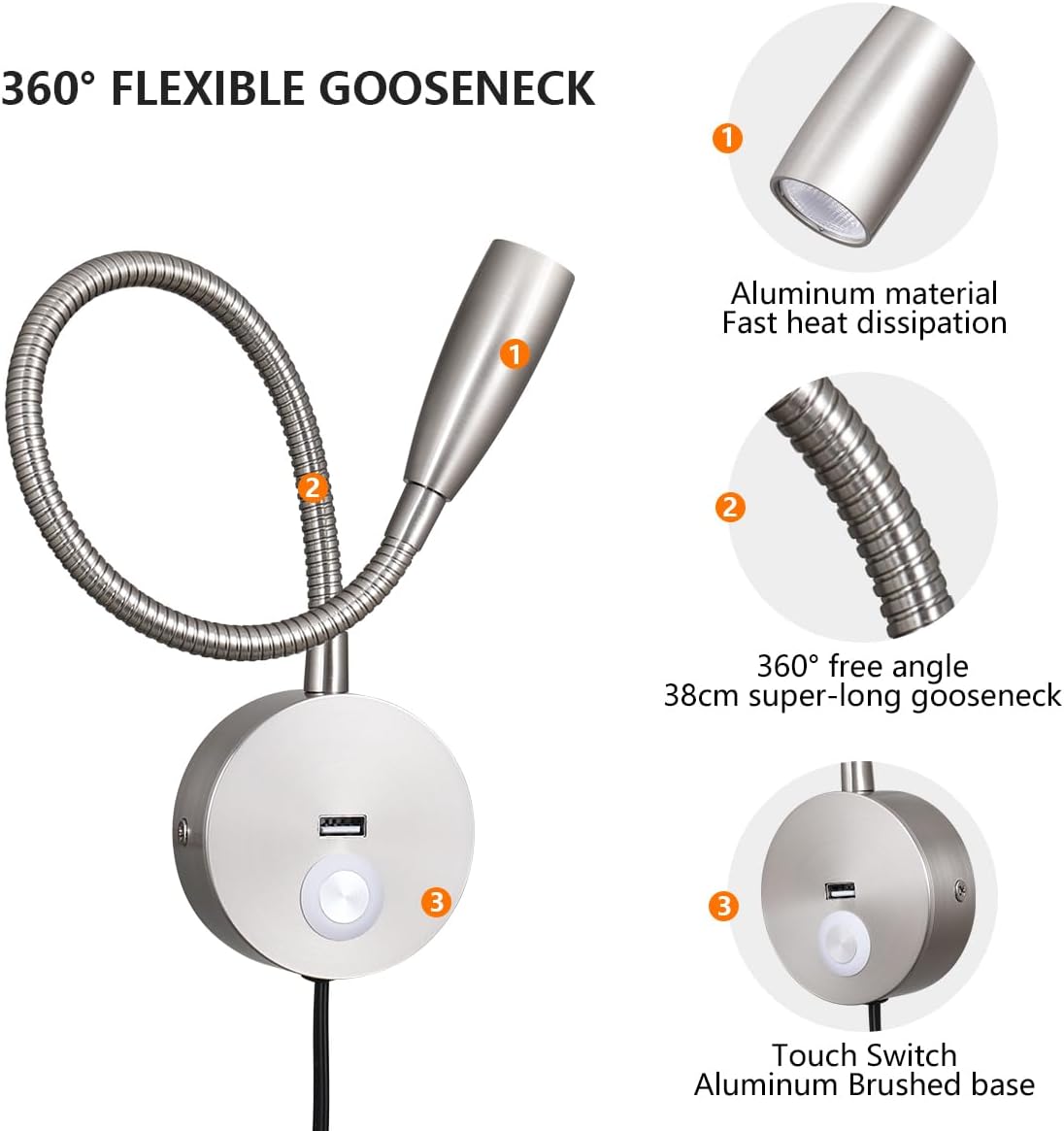 LED Bedside Touch Dimmable Wall Mounted Reading Light - Night Light With USB Flexible Gooseneck - Brushed Nickel