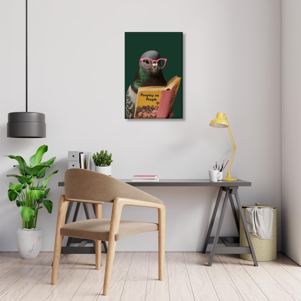 Funny Bathroom Wall Art Quirky Pigeon Reading Pooping on People Poster Trendy Bathroom Humor Painting Canvas Print Retro Bird Animal Green Wall Decor For Home Toile Restroom 16x24inch Unframed