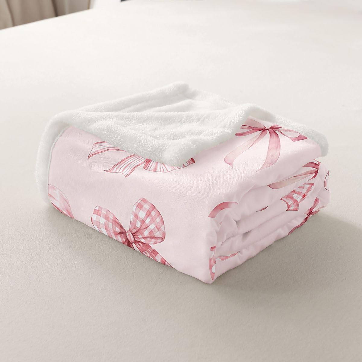 Feelyou Pink Bowknot Sherpa Throw Blanket for Couch Kawaii Bow Tie Super Soft Cozy Fleece Sweet Princess Blanket for Winter, Plush Throw Cute Bow Queen 90"x90" All Season