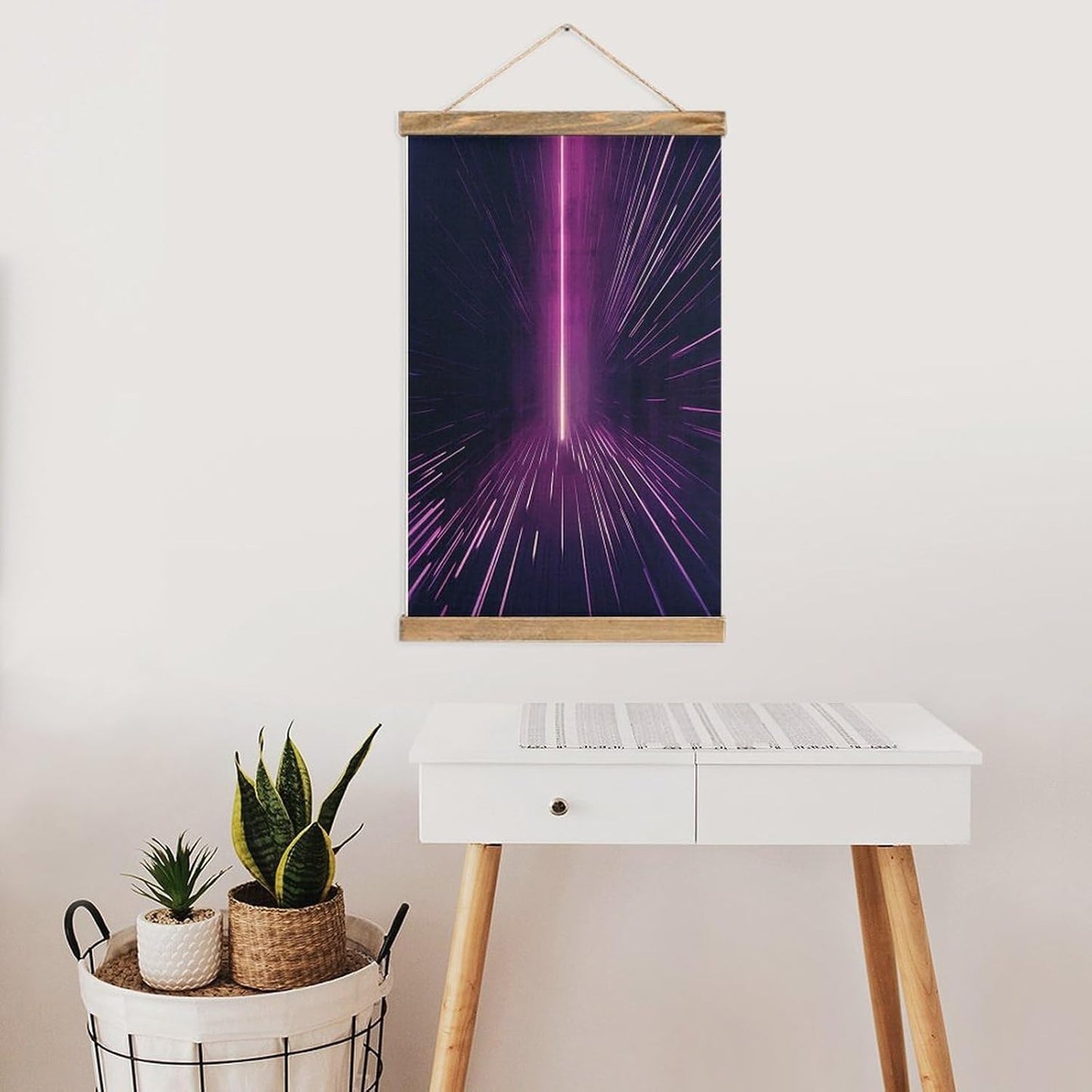 Vintage Purple Rays Poster with Wooden Frame Personalized Linen Hanging Scroll Painting Rustic Wall Hanging Illustrative Modern Artwork Decor for Home Living Room Bedroom Office