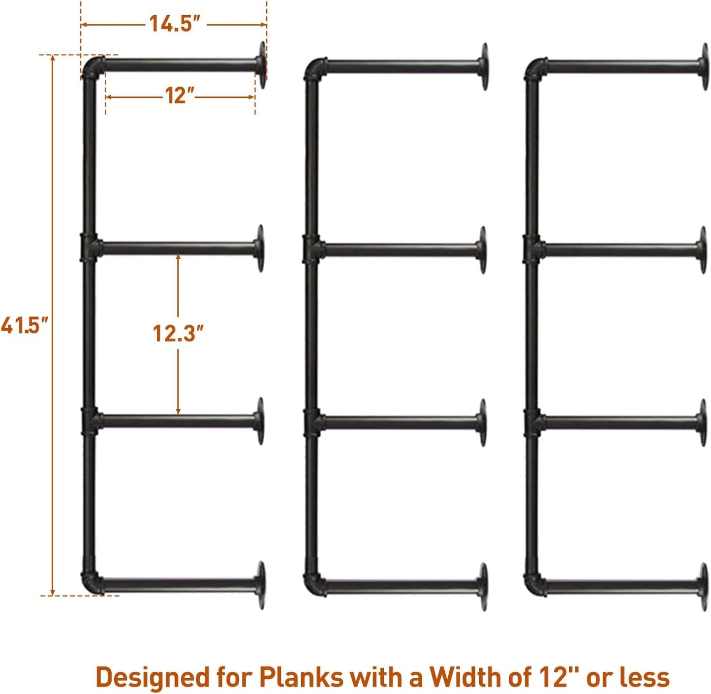 HITOMEN Industrial Iron Pipe Shelves, 3 Set 4-Tier 41.5" Tall 12" Depth, DIY Open Bookshelf Bookcase, Wall Mounted Vintage Retro Shelving, Rustic Farmhouse Pantry Kitchen Storage, Black Shelf Brackets