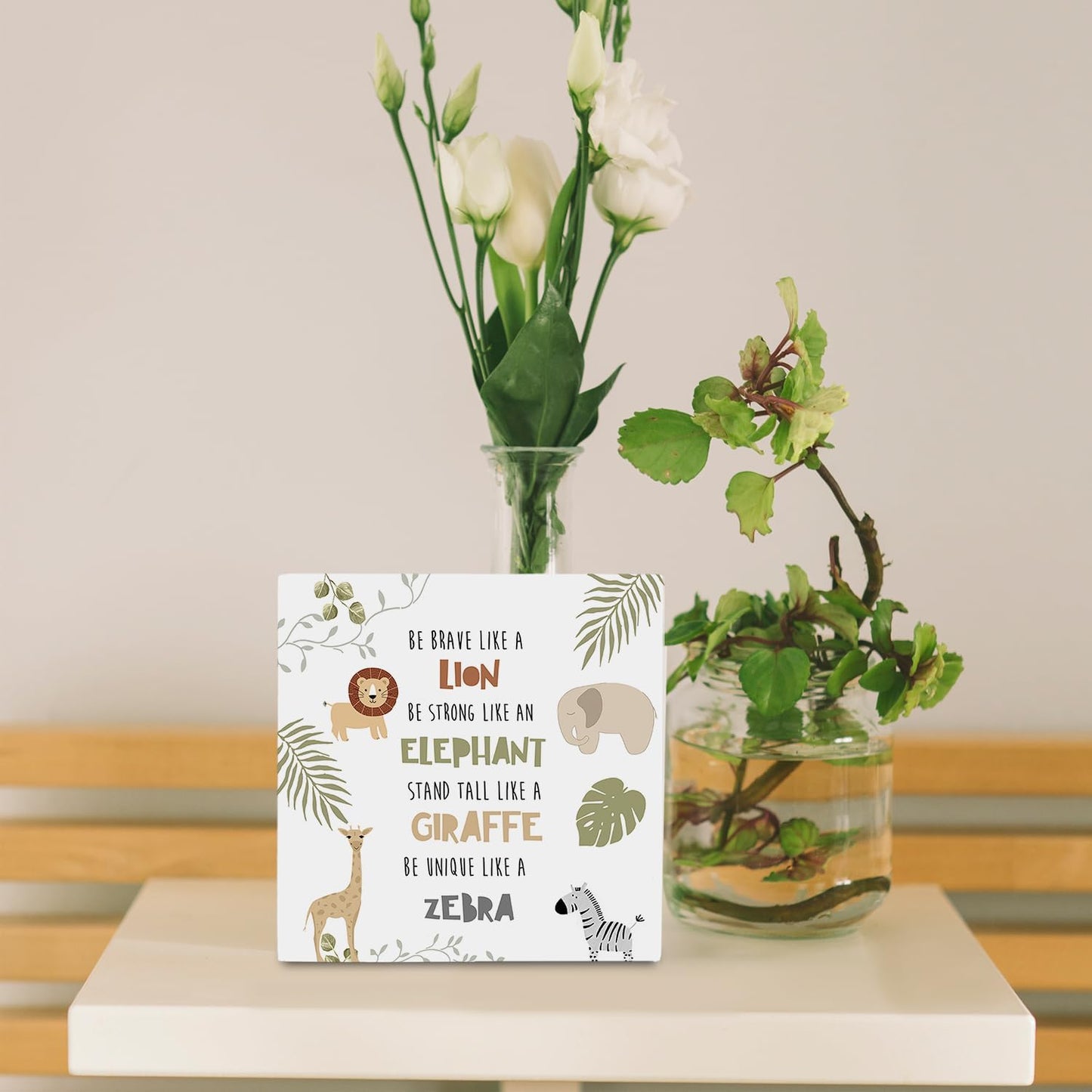 Animal Nursery Wood Box Sign 5×5 Inches, Inspirational Forest Animal Lion Elephant Giraffe Zebra Wood Sign for Kids Room Dorm Nursery Bedroom Home Desk Tabletop Shelf Decor