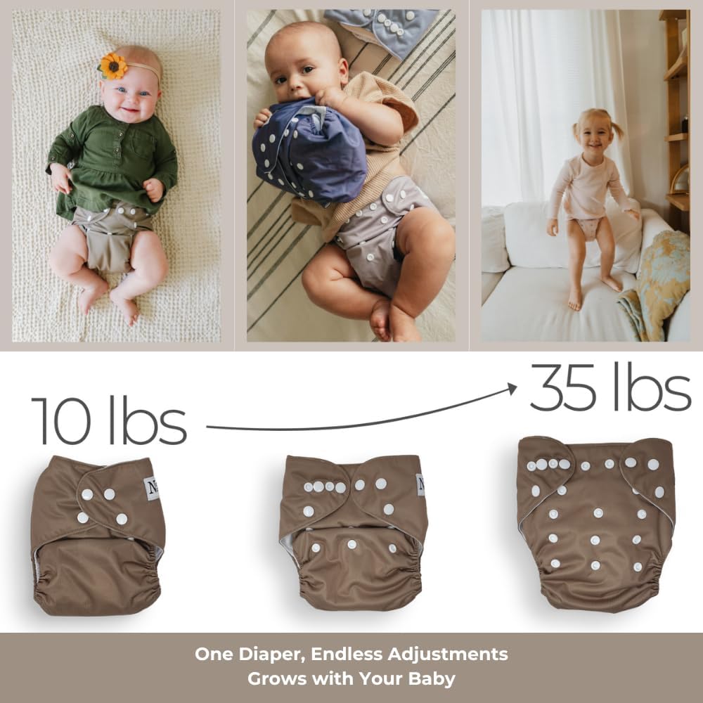 Nora's Nursery Cloth Diapers 7 Pack with 7 Inserts & 1 Wet Bag - Waterproof Cover, Washable, Reusable & One Size Adjustable Pocket Diapers for Newborns and Toddlers - Woodlands