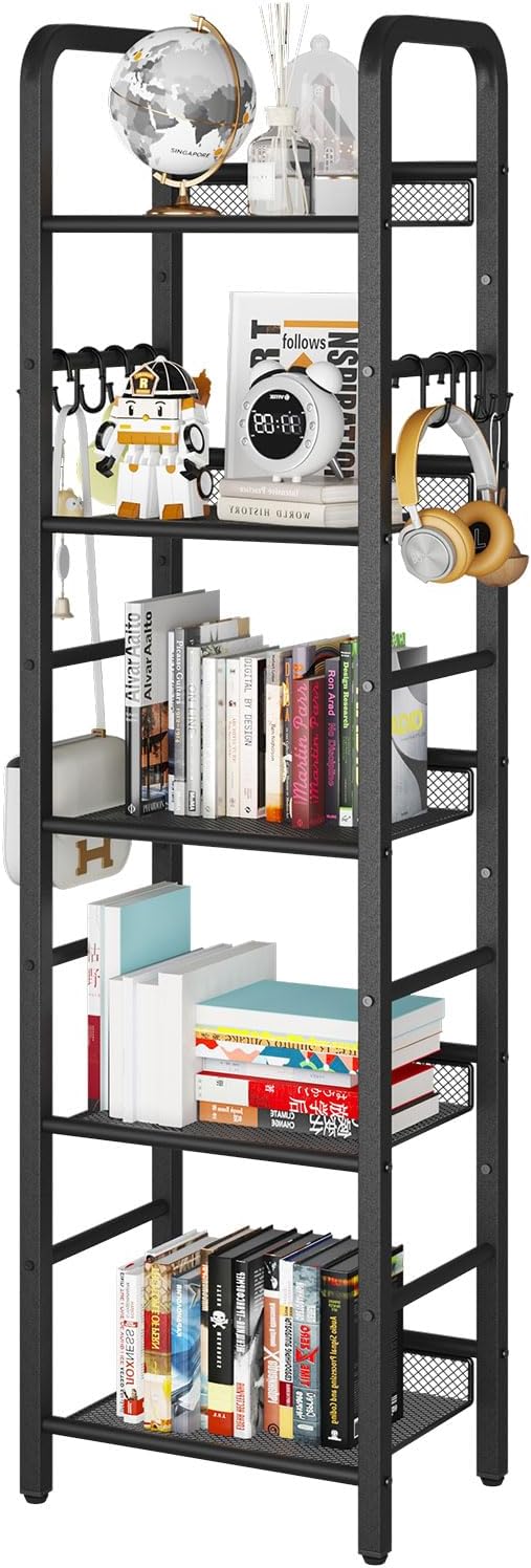 YMYNY 5 Tier Bookshelf, Freestanding Bookcase for Living Room, Bedroom, Home Office, Multi-Functional Storage Rack Organizer, Display Rack with Metal Frame, Rust Resistance, Black, UHBC055B