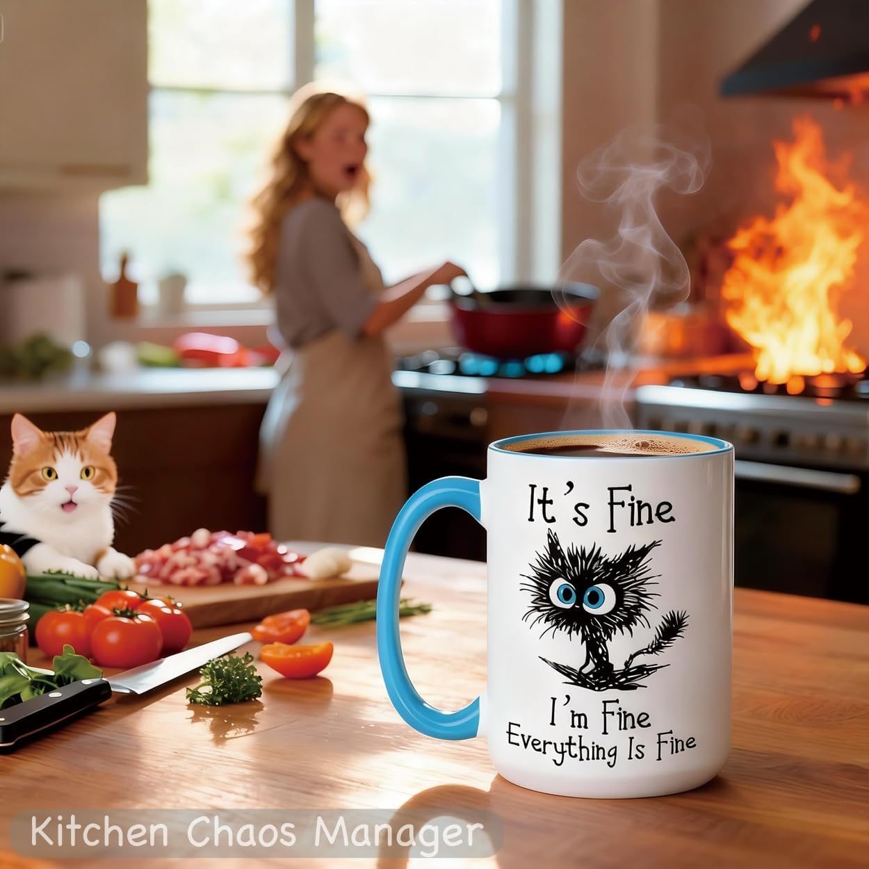 Funny Black Cat Coffee Mug – 15oz Sarcastic I am Fine Everything's Fine Cup – Big Ceramic Mug with Blue Handle – Microwave & Dishwasher Safe – Funny Gag Gift for Cat Lovers, Women, Coworkers