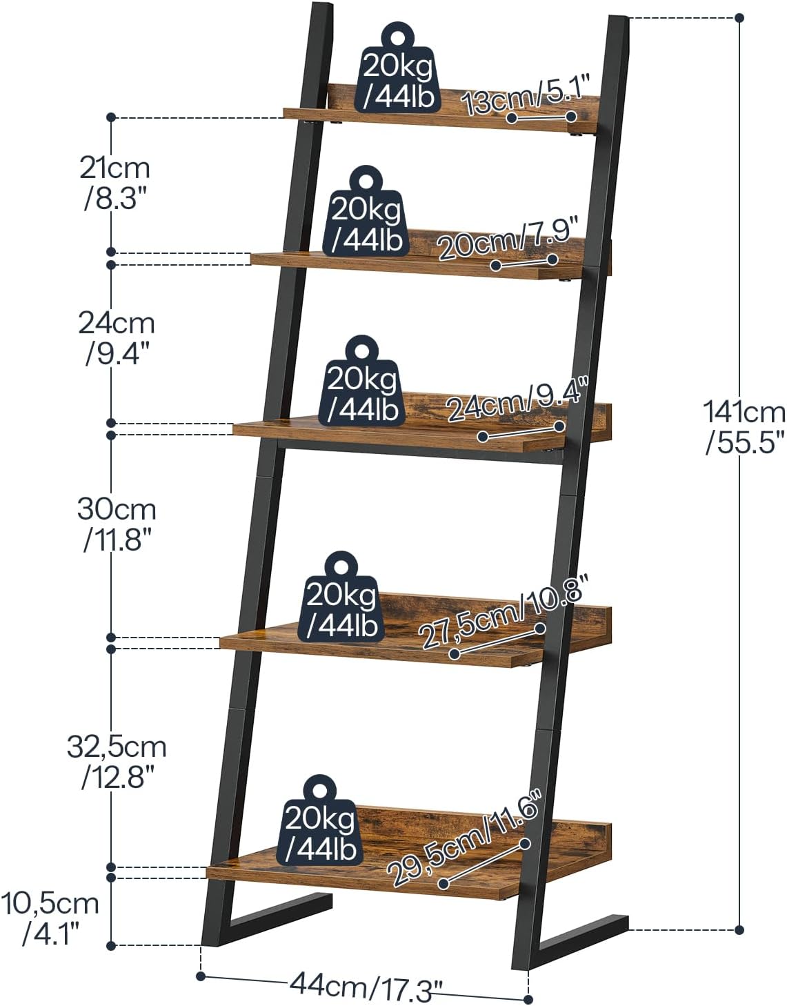 HOOBRO 5-Tier Bookcase, Narrow Ladder Shelf, Small Bookshelf, Corner Storage Shelf, Small Display Organizer for Living Room, Study, Balcony, Bedroom, Rustic Brown and Black BF150CJ01