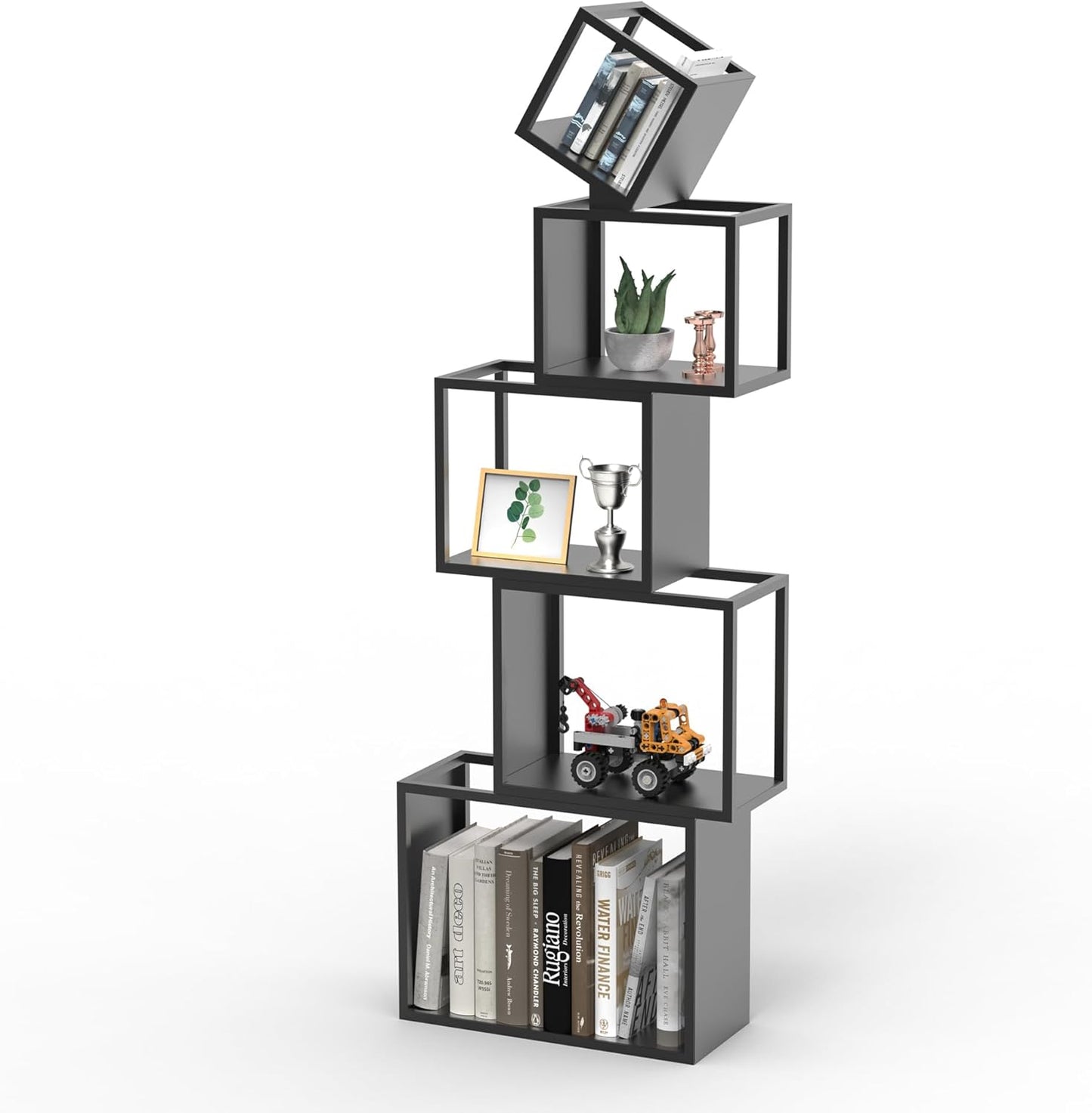 5-Tier Black Unique Metal Bookshelf – 52" Modern Bookcase for Books, CDs & Collectibles – Stylish Storage & Display Shelf for Living Room, Bedroom, Office