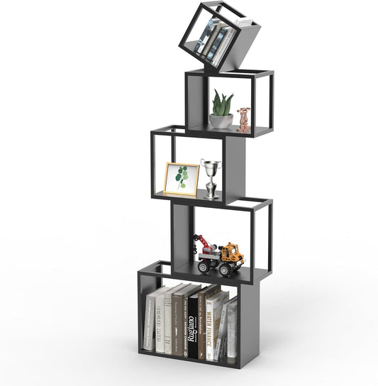 5-Tier Black Unique Metal Bookshelf – 52" Modern Bookcase for Books, CDs & Collectibles – Stylish Storage & Display Shelf for Living Room, Bedroom, Office