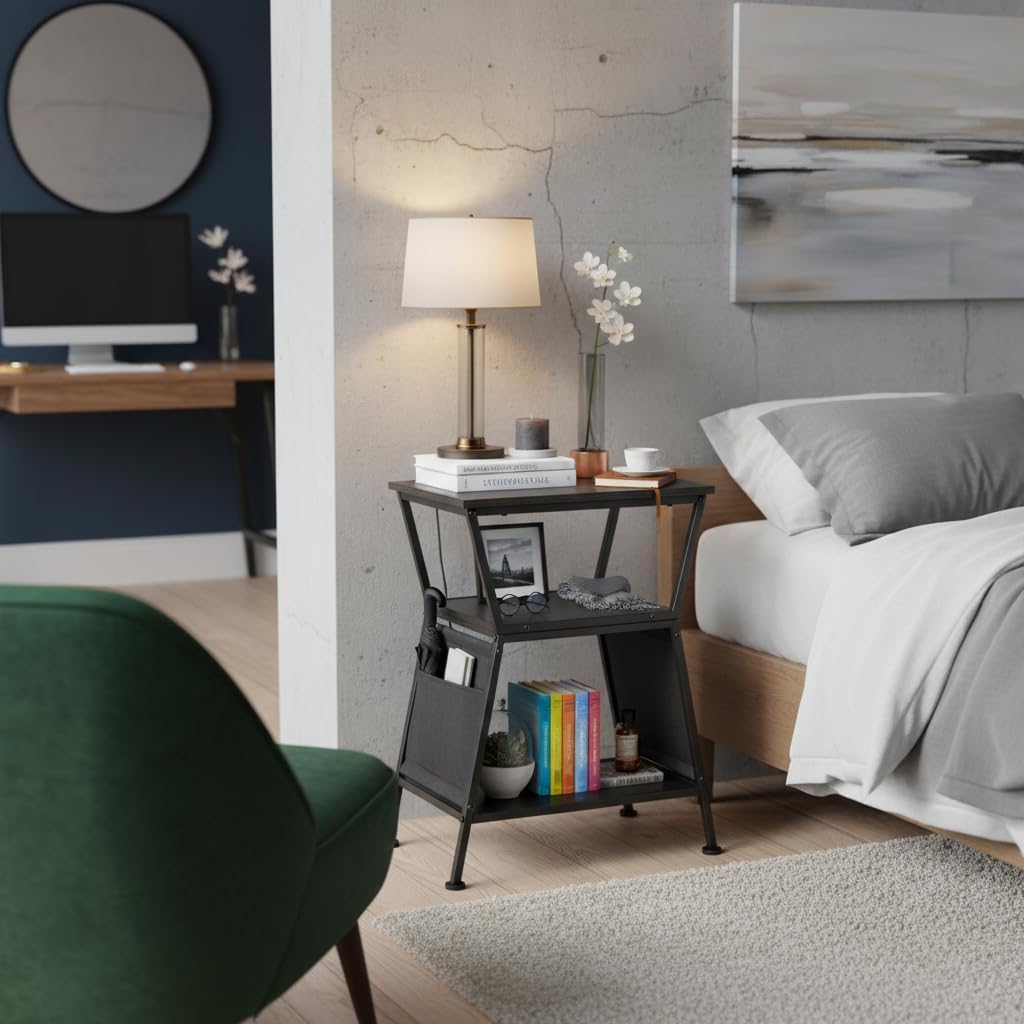 End Table with Storage Bag, Three-Tier Trapezoidal Side Table with Storage Bag, Corner Table Sofa End Table for Living Room Bedroom